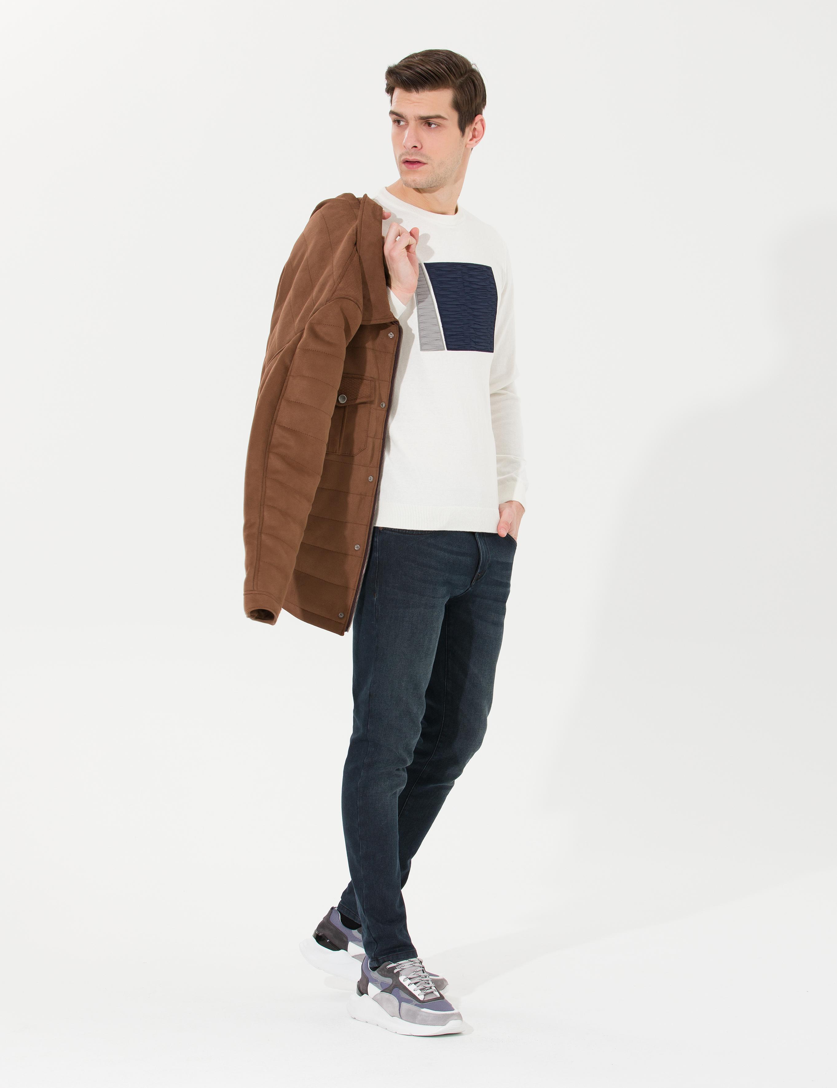 Ekru Slim Fit Bisiklet Yaka Triko Kazak