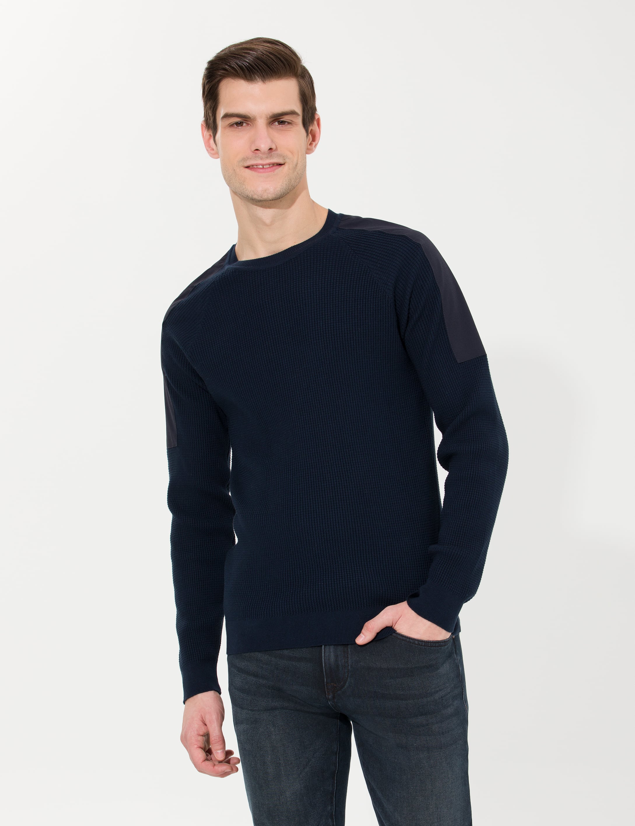 Lacivert Slim Fit Bisiklet Yaka Triko Kazak - Image 1