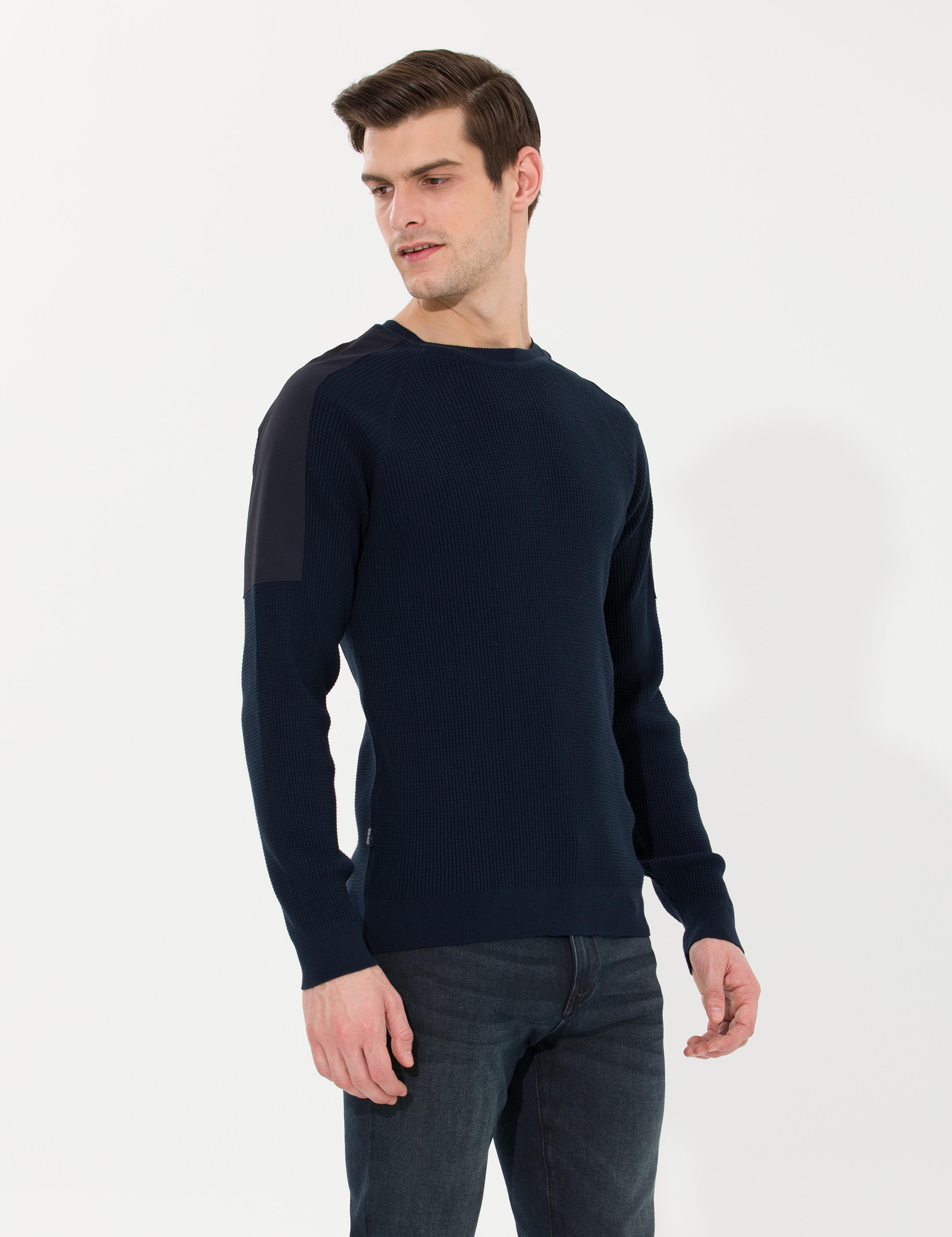 Lacivert Slim Fit Bisiklet Yaka Triko Kazak