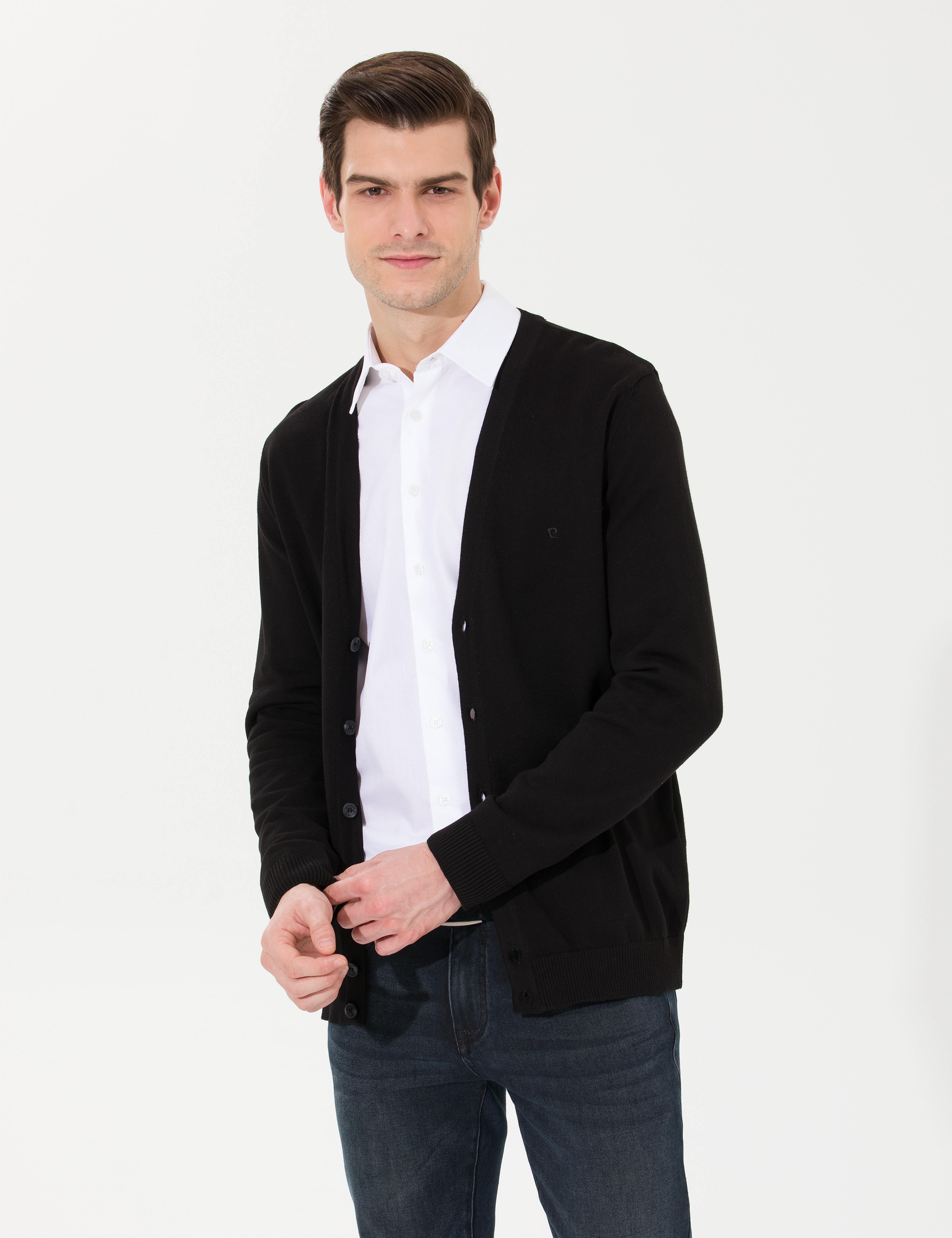 Siyah Slim Fit Basic Düğmeli Triko Hırka - Image 3