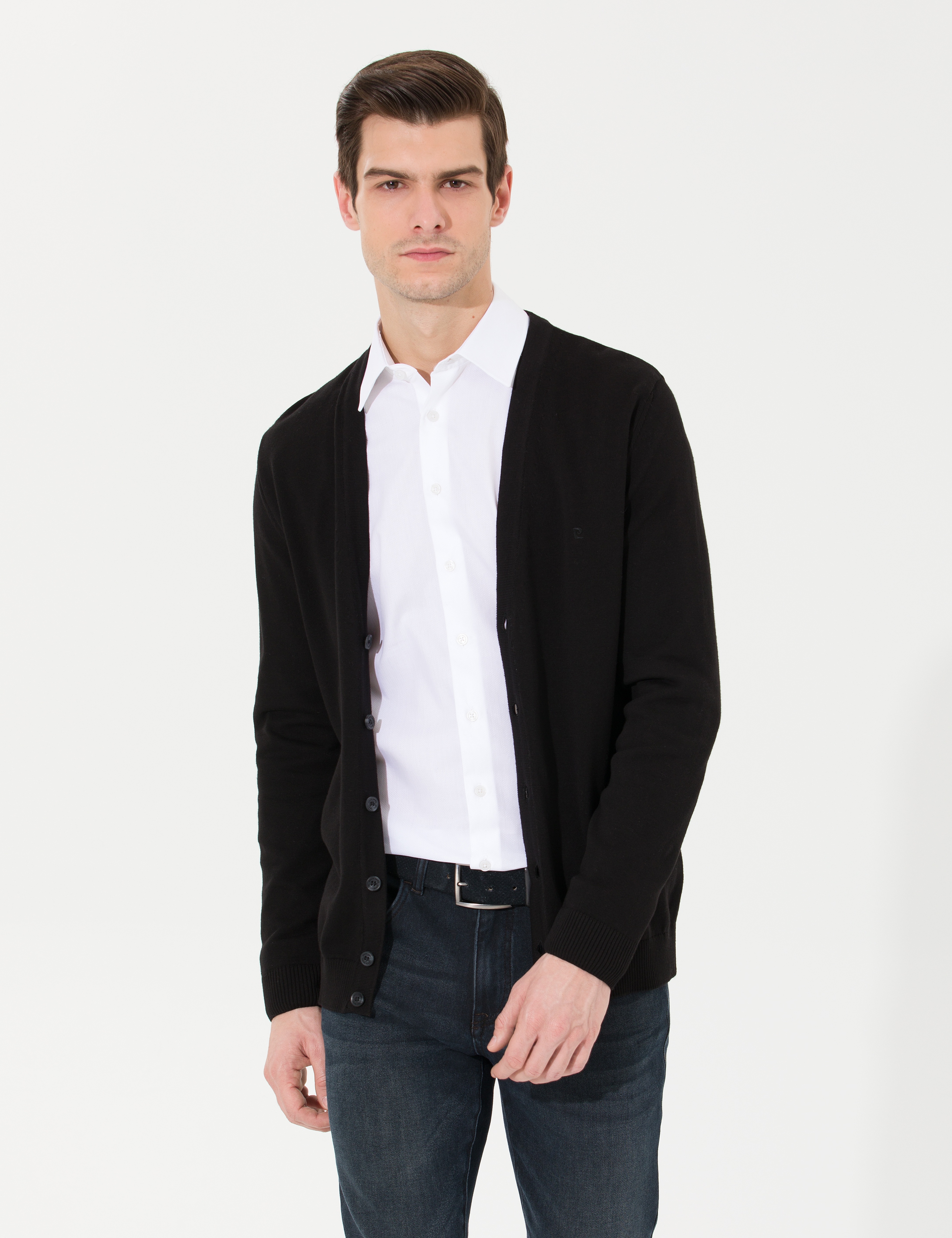 Siyah Slim Fit Basic Düğmeli Triko Hırka