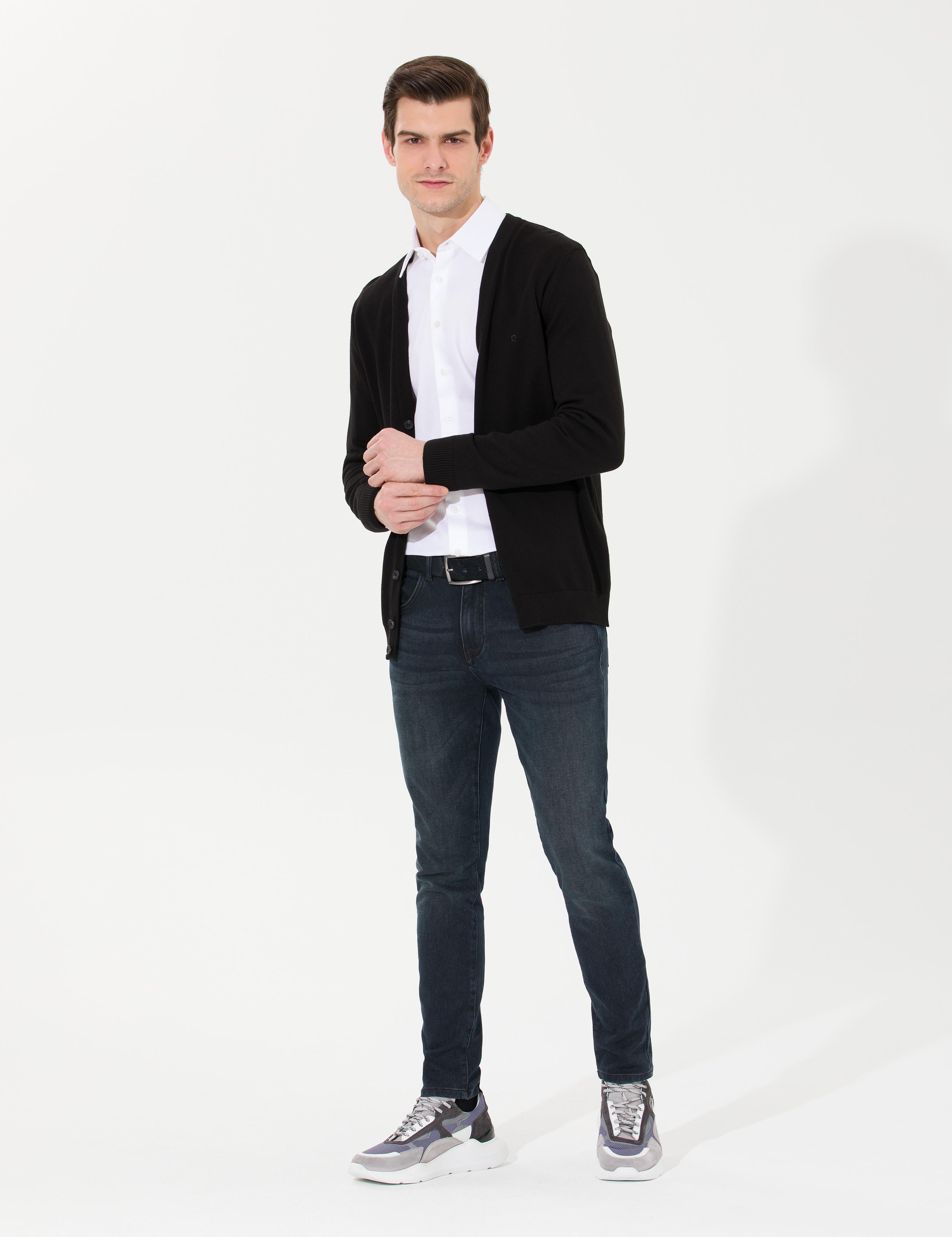 Siyah Slim Fit Basic Düğmeli Triko Hırka