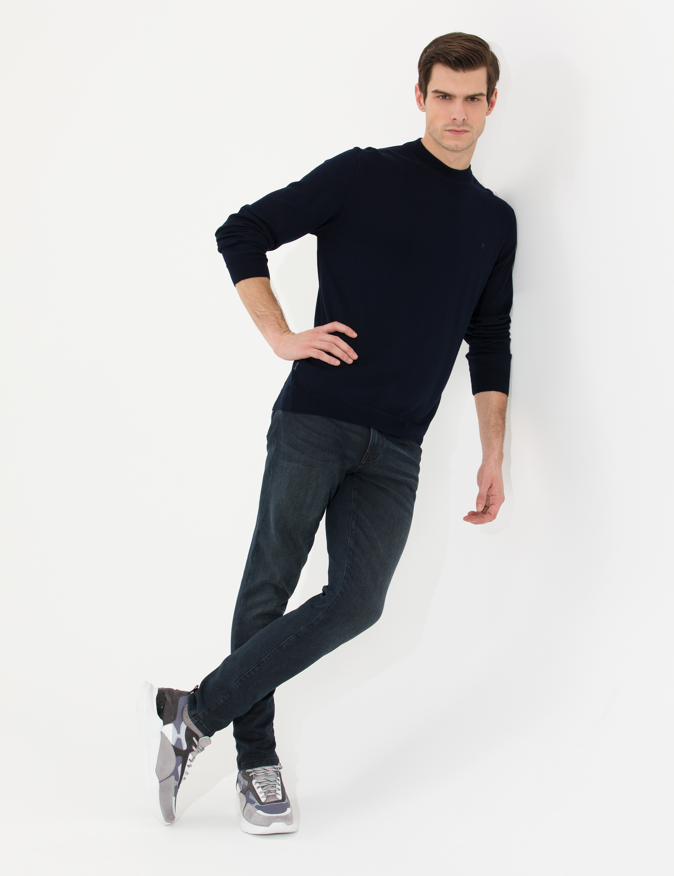 Lacivert Slim Fit Çeyrek Yaka Basic Triko Kazak - Image 3