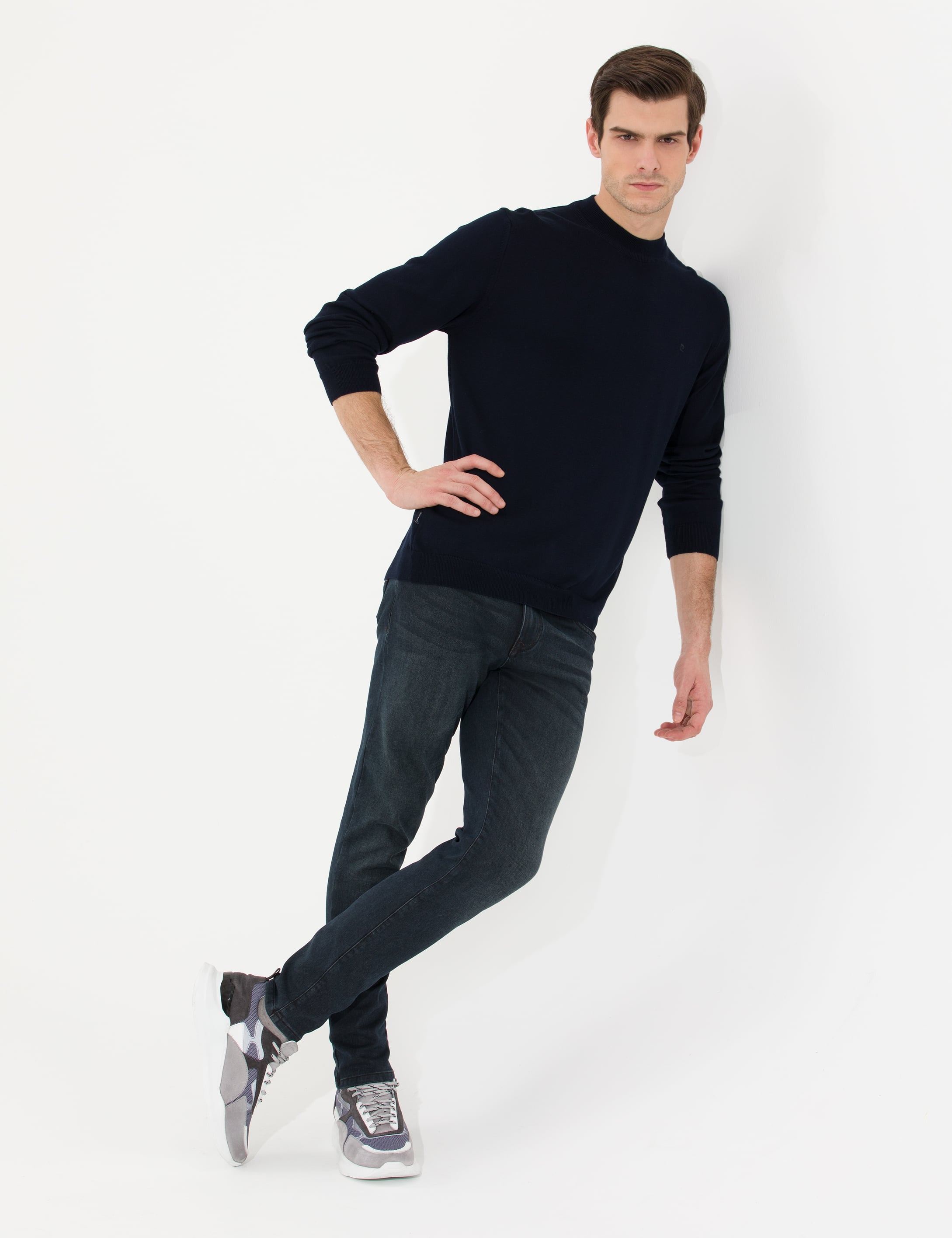 Lacivert Slim Fit Çeyrek Yaka Basic Triko Kazak