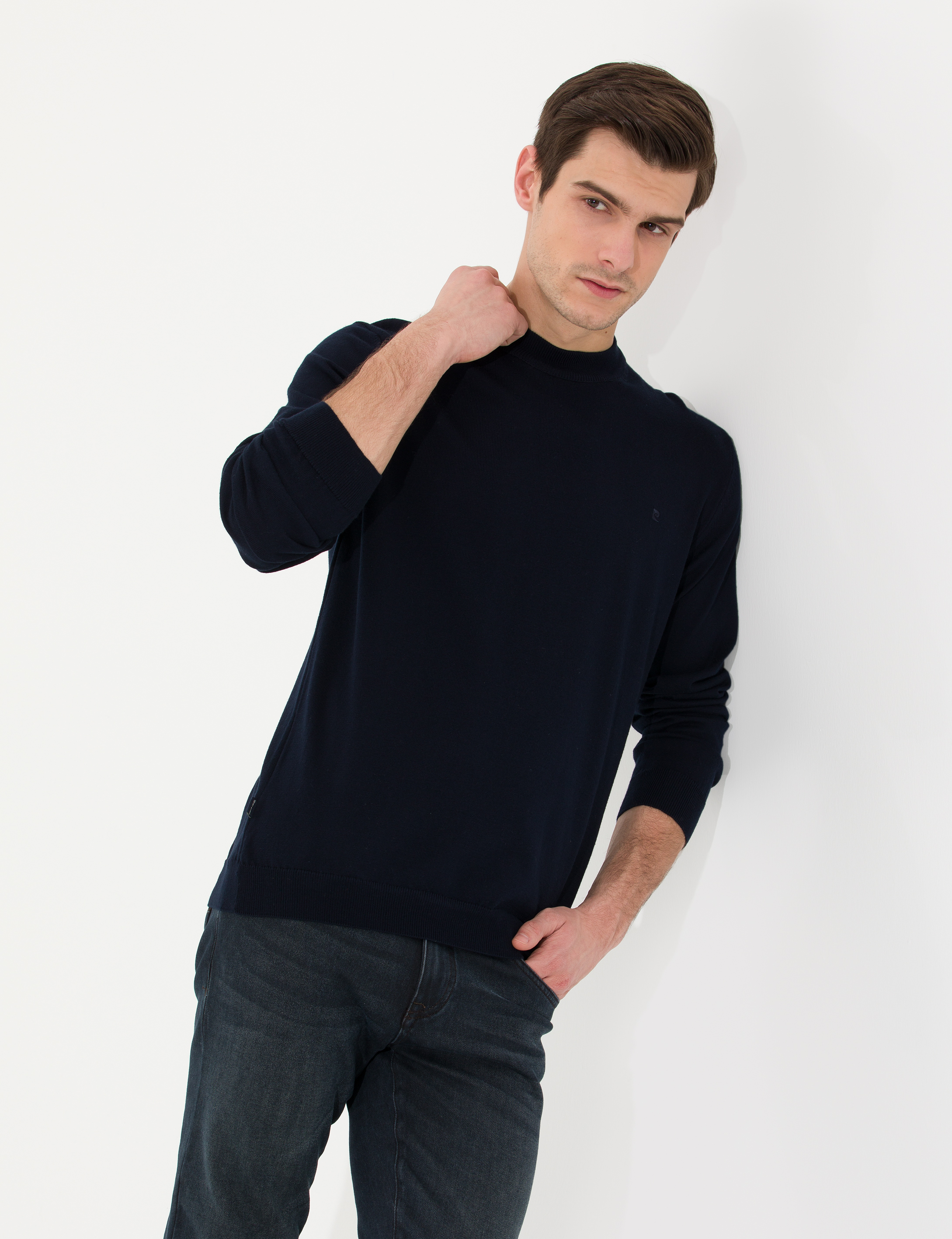 Lacivert Slim Fit Çeyrek Yaka Basic Triko Kazak