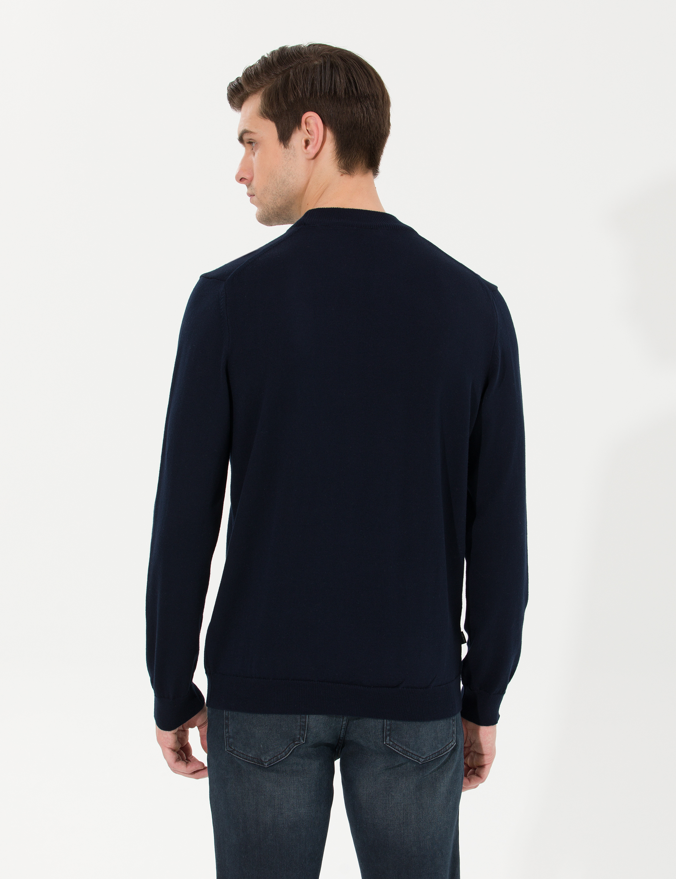 Lacivert Slim Fit Çeyrek Yaka Basic Triko Kazak - Image 5