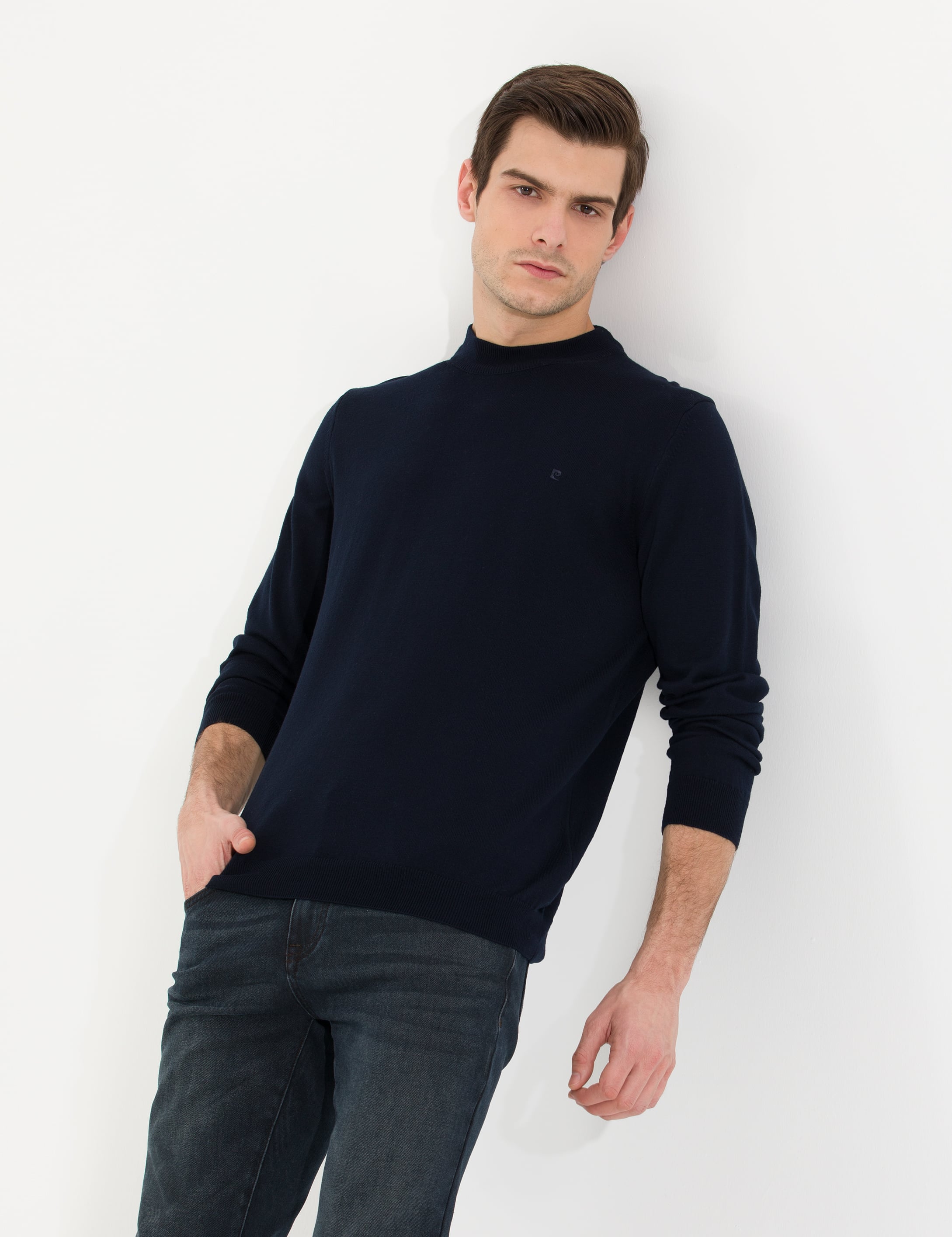 Lacivert Slim Fit Çeyrek Yaka Basic Triko Kazak