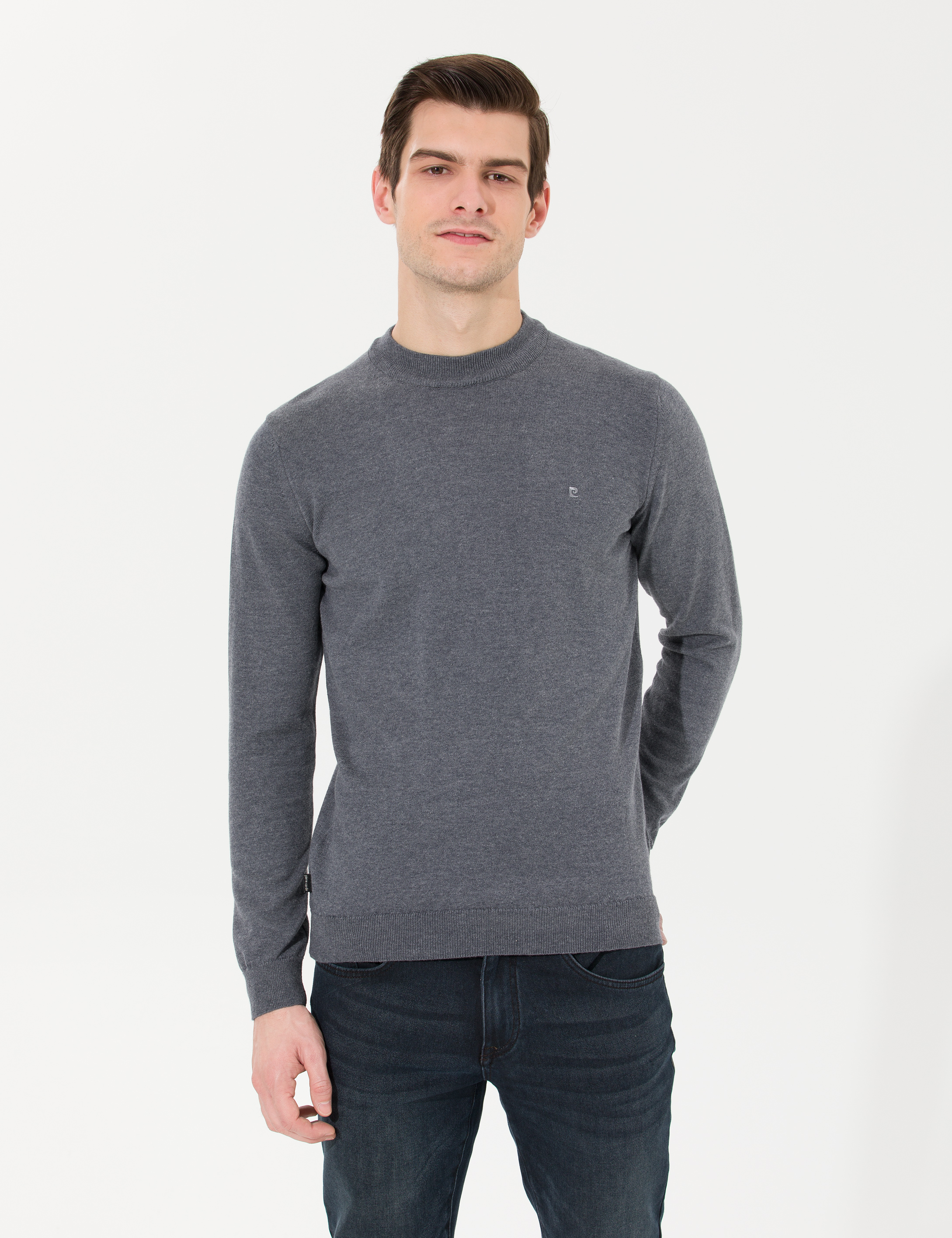 Antrasit Melanj Slim Fit Çeyrek Yaka Basic Triko Kazak