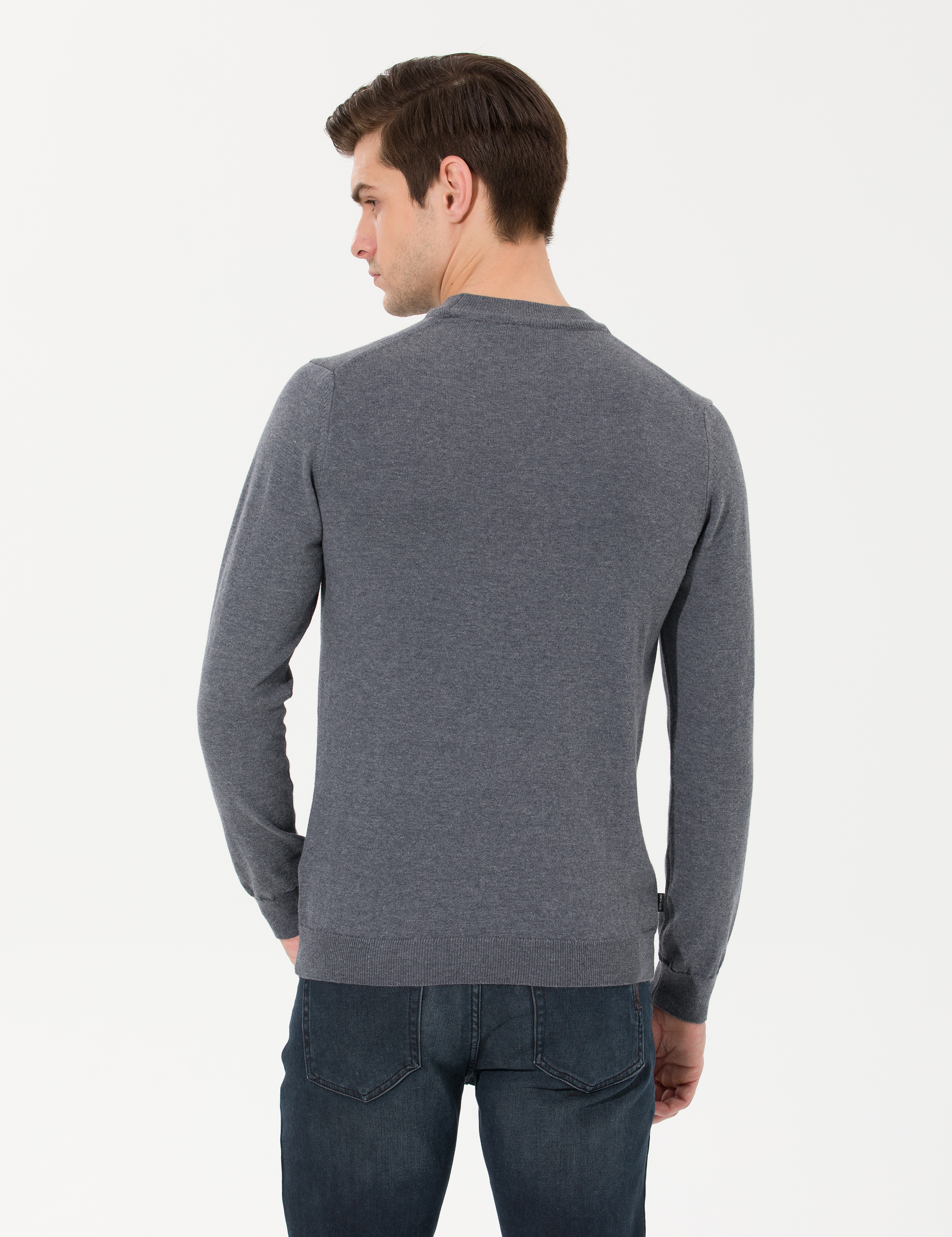 Antrasit Melanj Slim Fit Çeyrek Yaka Basic Triko Kazak - Image 5
