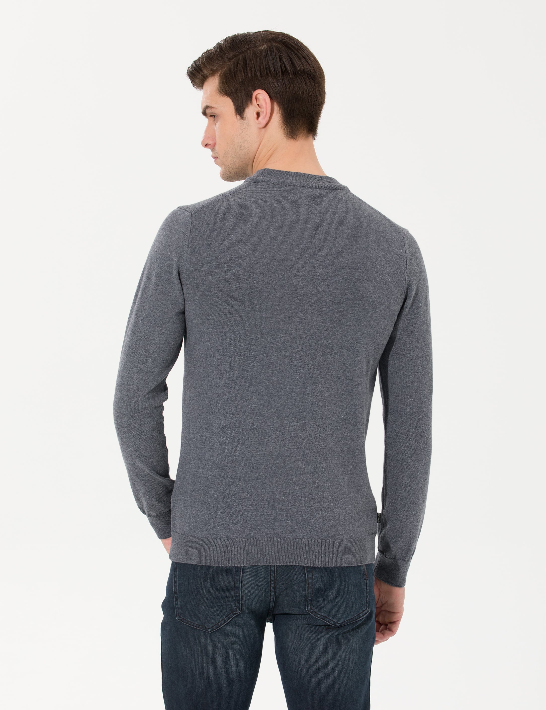 Antrasit Melanj Slim Fit Çeyrek Yaka Basic Triko Kazak