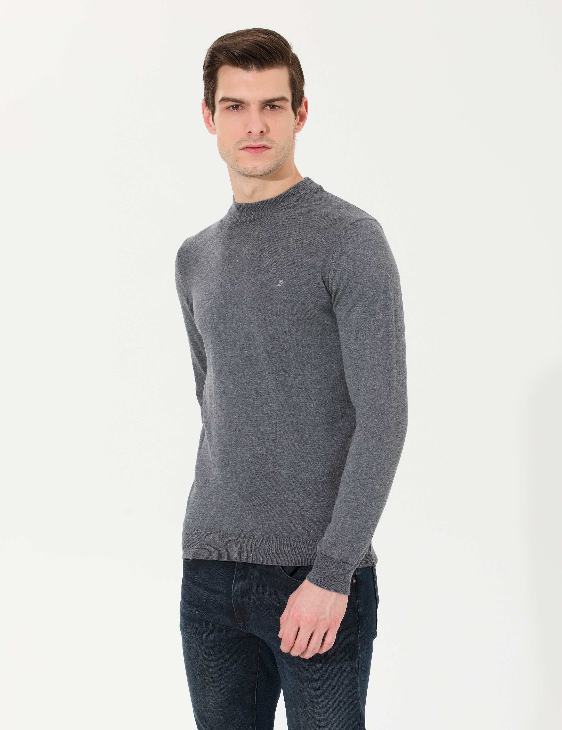 Antrasit Melanj Slim Fit Çeyrek Yaka Basic Triko Kazak - Image 3