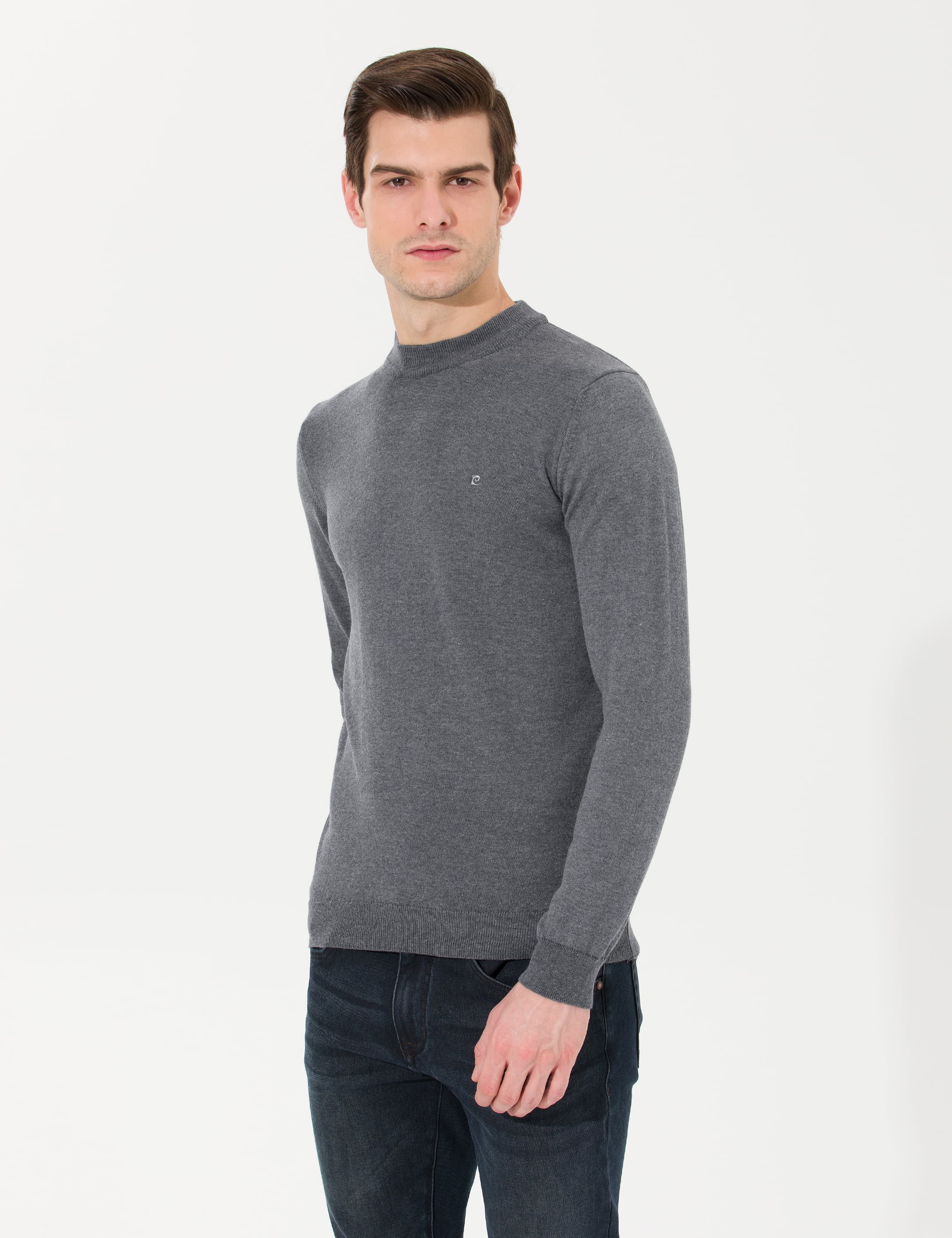 Antrasit Melanj Slim Fit Çeyrek Yaka Basic Triko Kazak