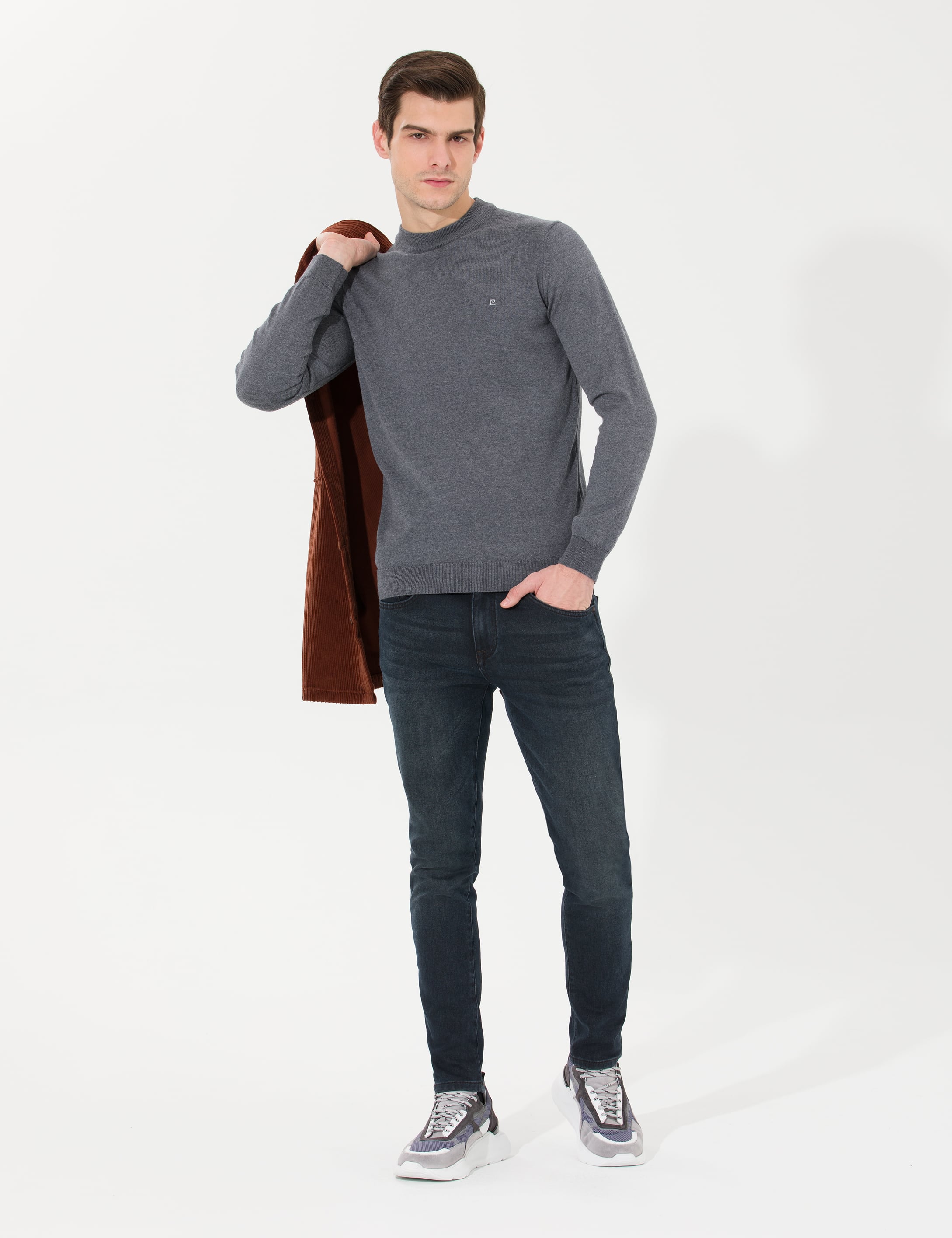 Antrasit Melanj Slim Fit Çeyrek Yaka Basic Triko Kazak