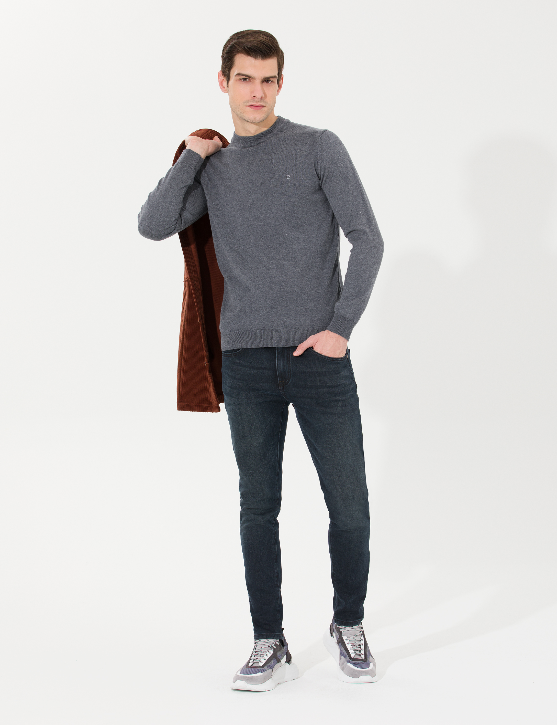 Antrasit Melanj Slim Fit Çeyrek Yaka Basic Triko Kazak