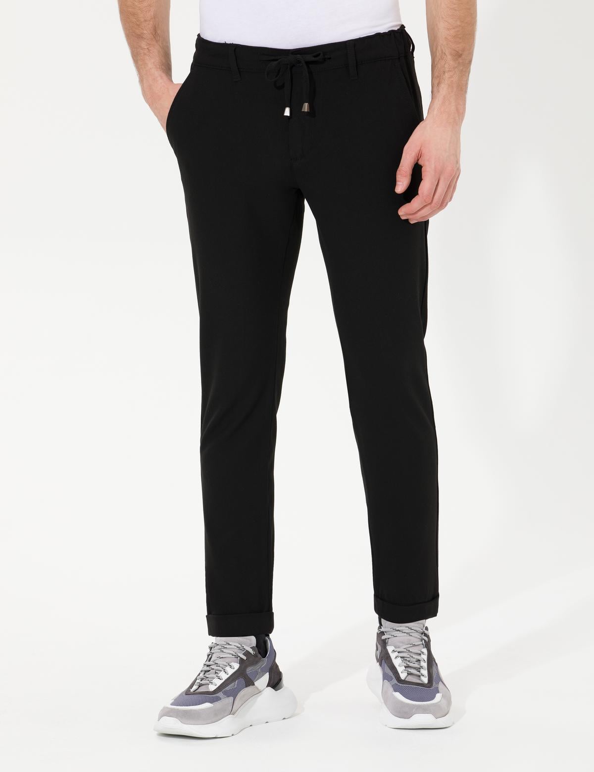 Siyah Slim Fit Beli Lastikli İpli Kanvas Pantolon - 50259704006