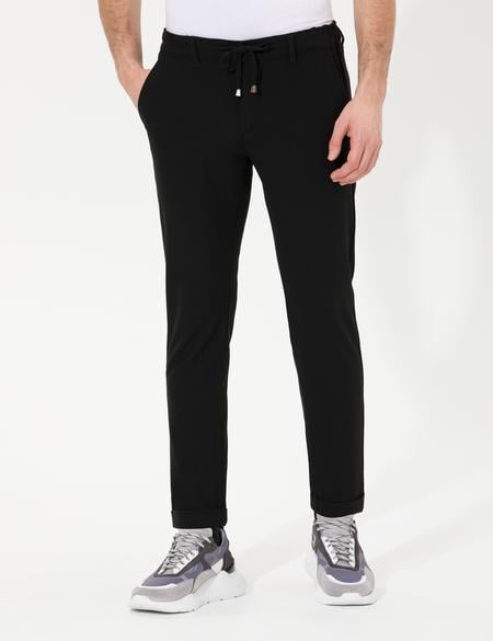 Siyah Slim Fit Beli Lastikli İpli Kanvas Pantolon - 50259704006