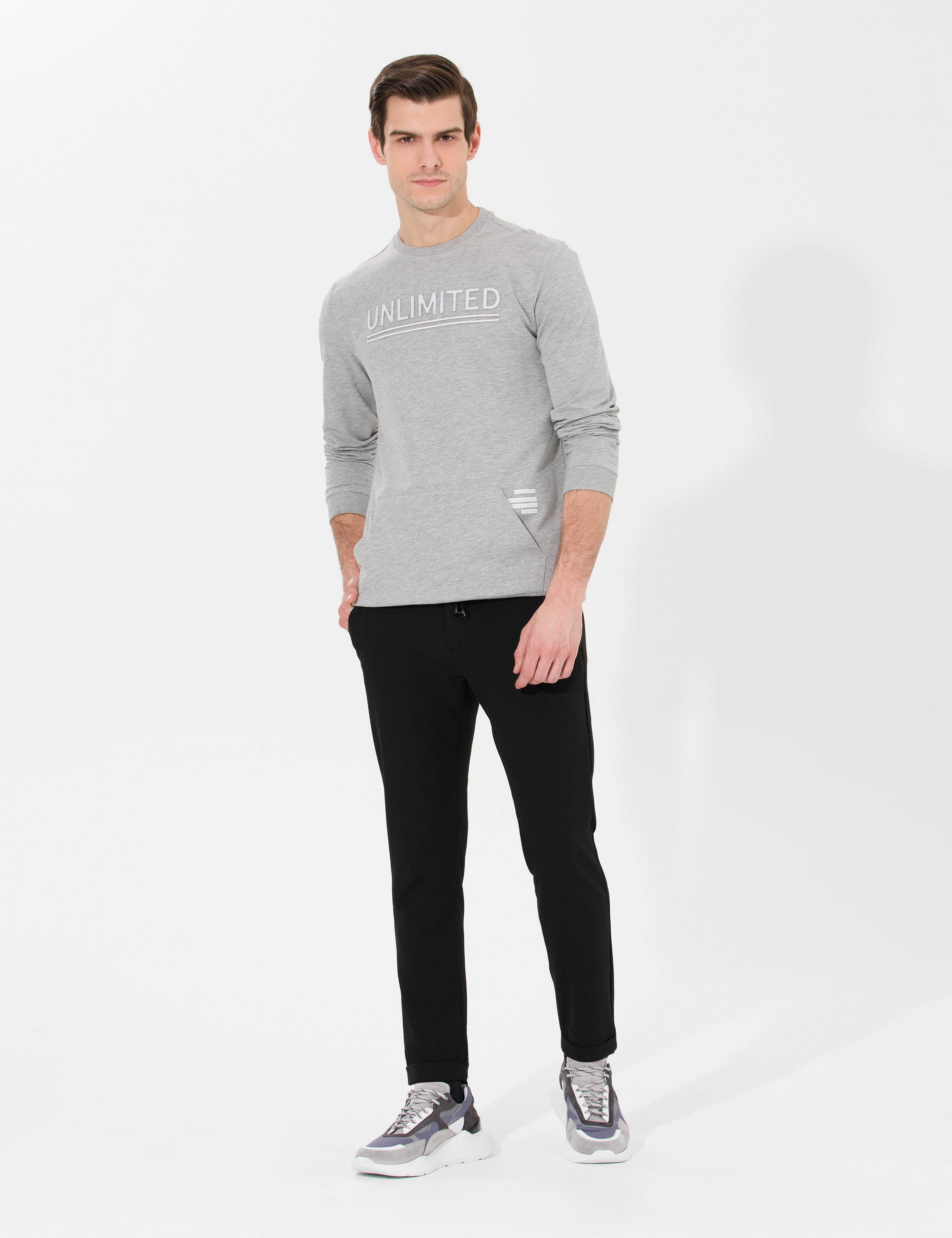 Siyah Slim Fit Beli Lastikli İpli Kanvas Pantolon - Image 3
