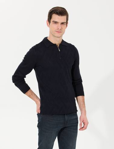 Lacivert Slim Fit Düğmeli Polo Yaka Triko Kazak