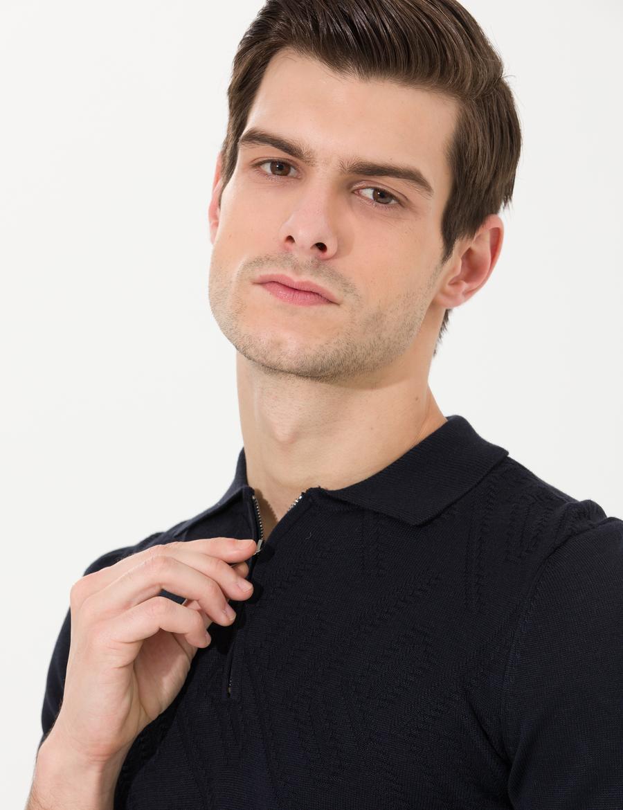 Lacivert Slim Fit Düğmeli Polo Yaka Triko Kazak