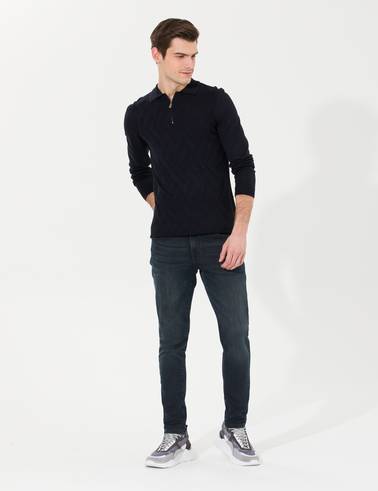 Lacivert Slim Fit Düğmeli Polo Yaka Triko Kazak