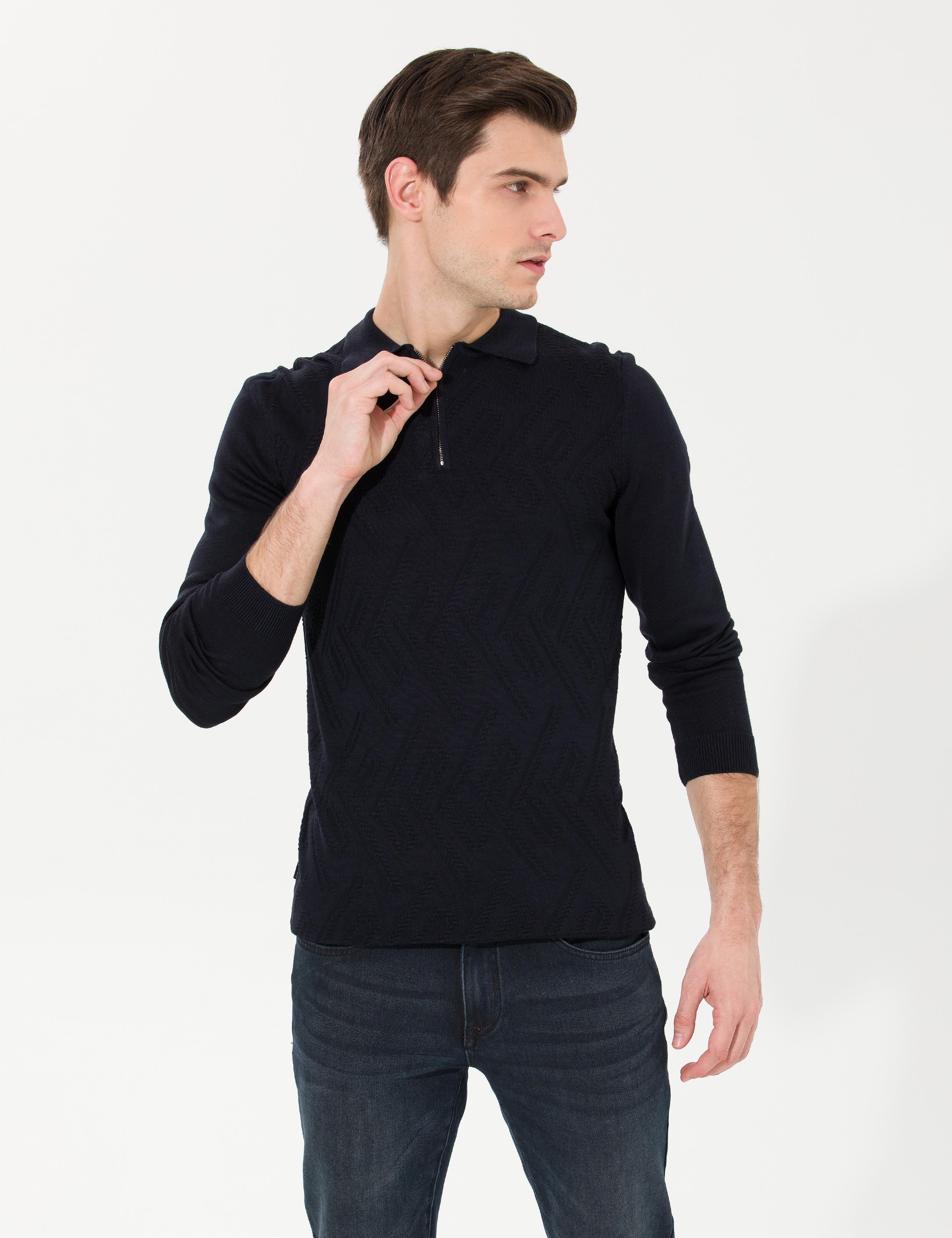 Lacivert Slim Fit Düğmeli Polo Yaka Triko Kazak