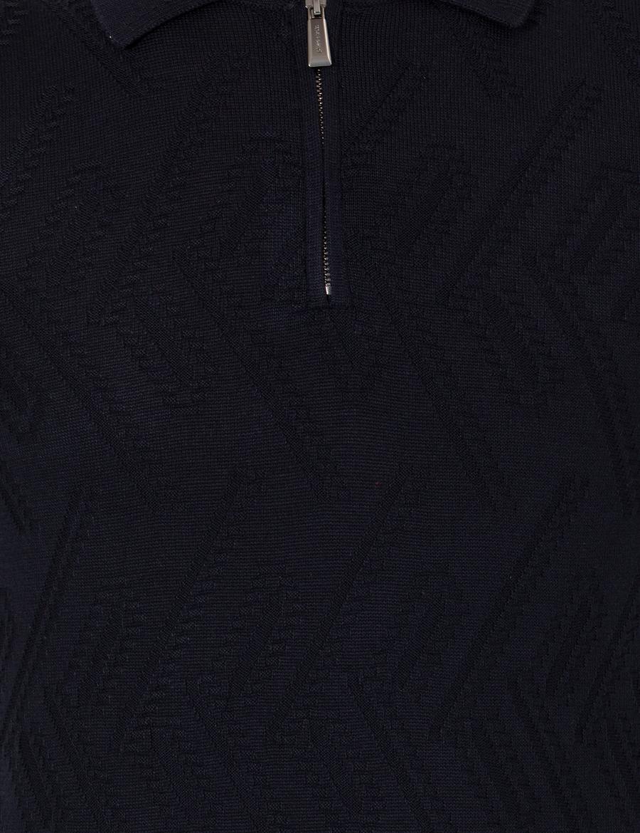 Lacivert Slim Fit Düğmeli Polo Yaka Triko Kazak