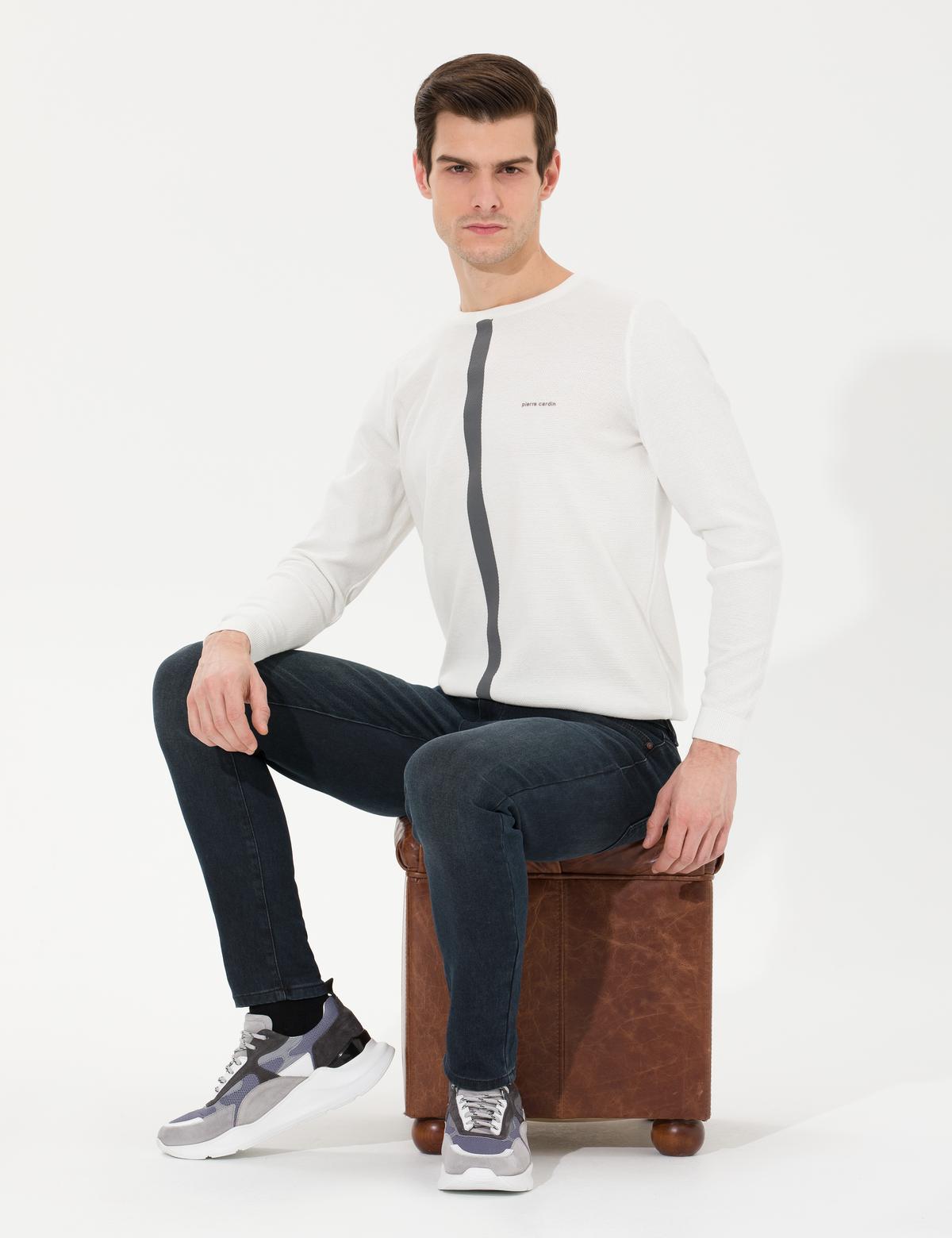 Ekru Slim Fit Bisiklet Yaka Triko Kazak