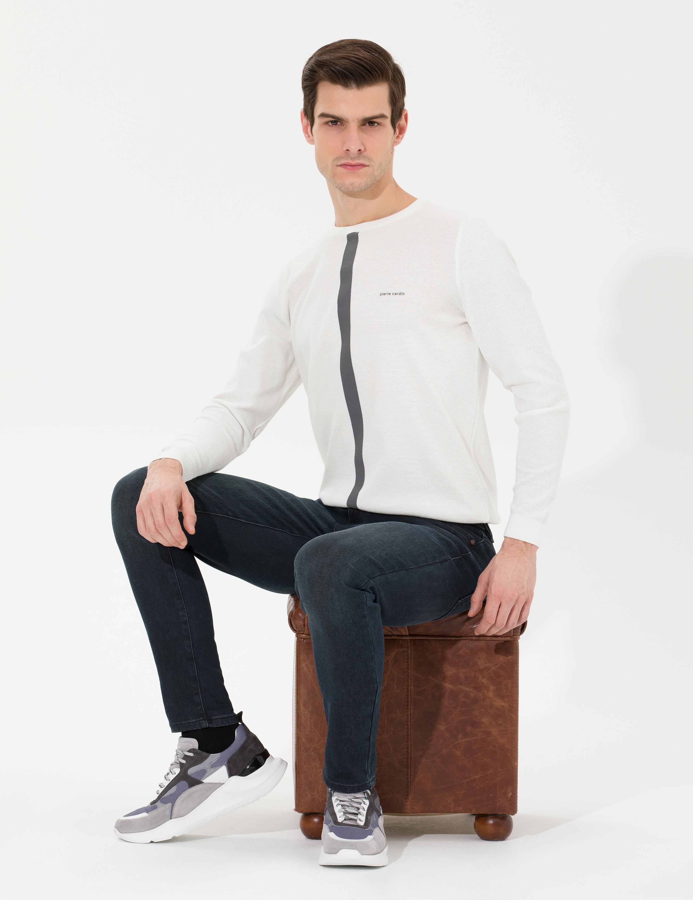 Ekru Slim Fit Bisiklet Yaka Triko Kazak