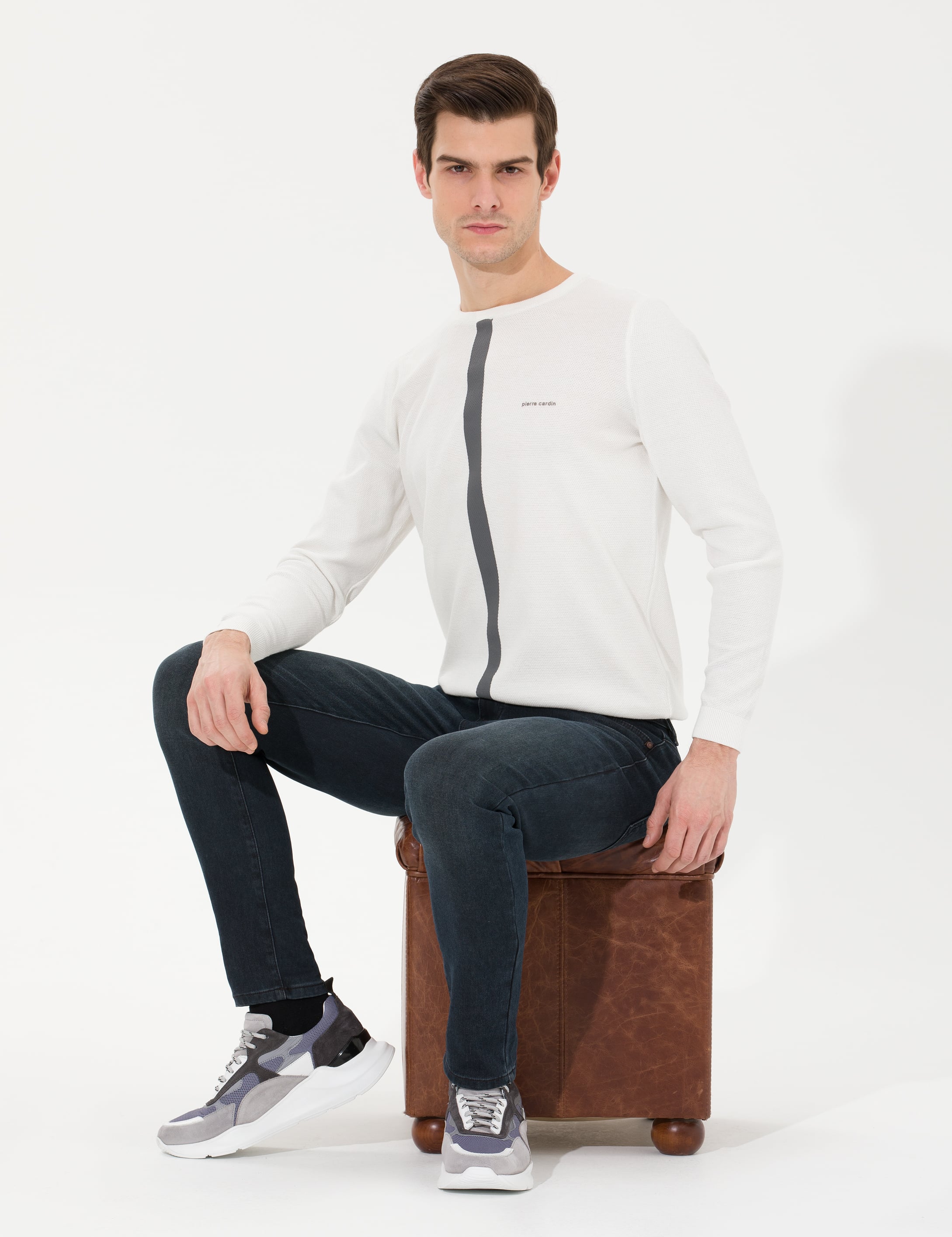 Ekru Slim Fit Bisiklet Yaka Triko Kazak - Image 1