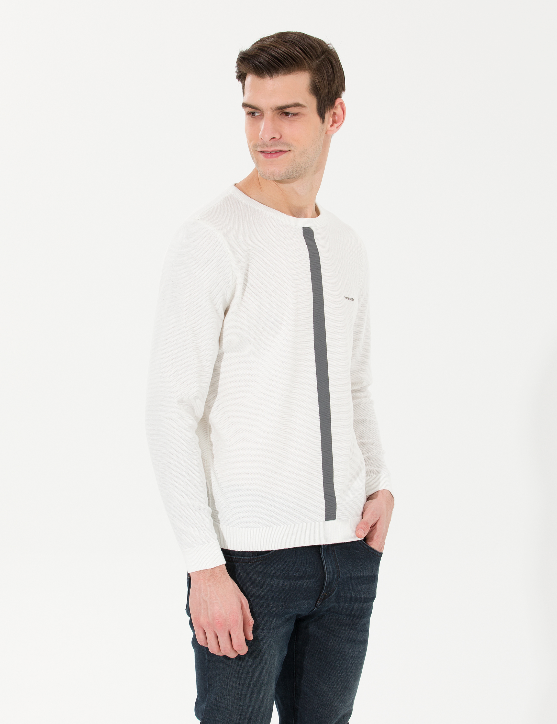 Pierre Cardin Ekru Slim Fit Bisiklet Yaka Triko Kazak görsel 4