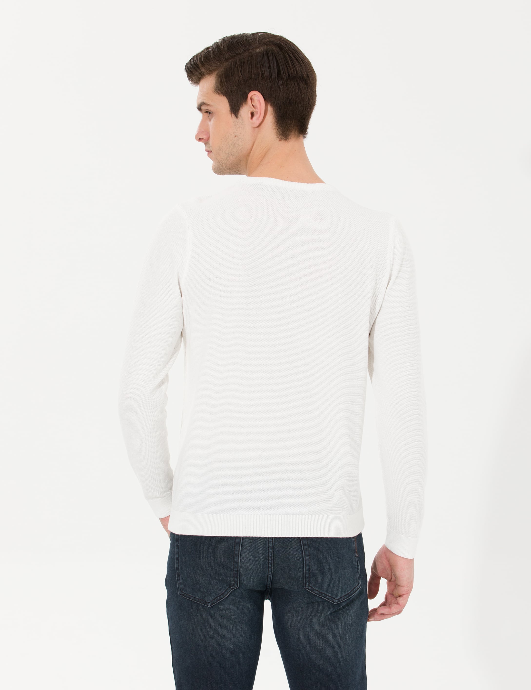 Ekru Slim Fit Bisiklet Yaka Triko Kazak - Image 5
