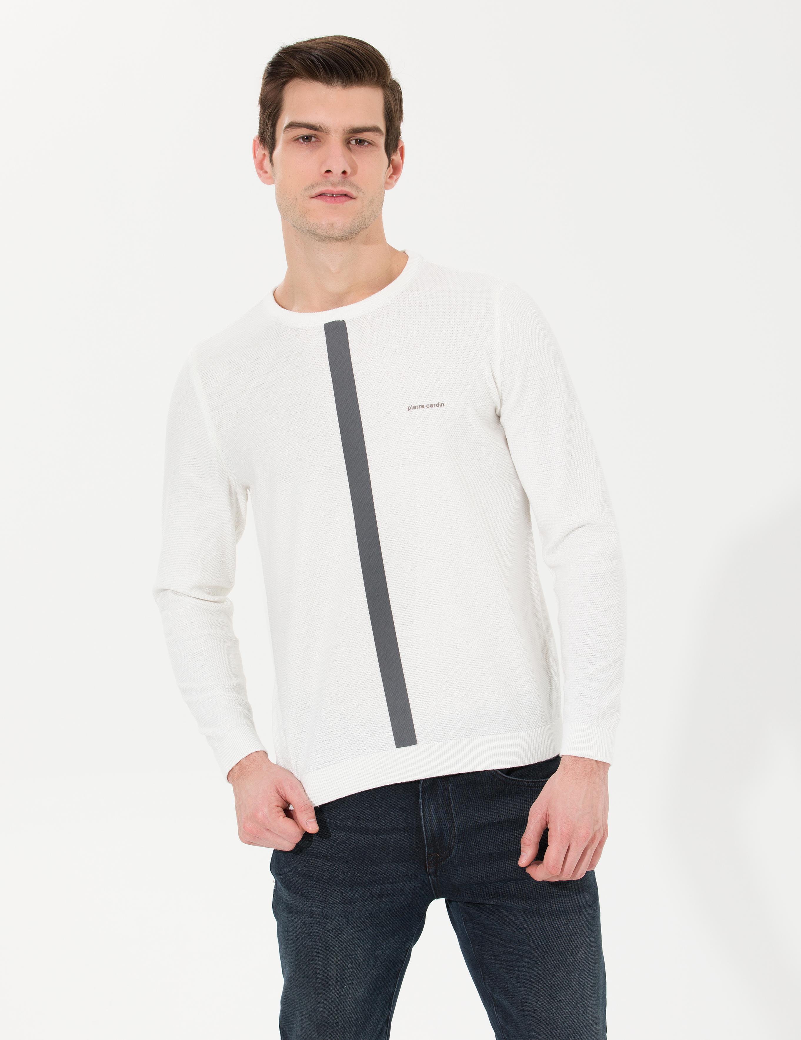 Ekru Slim Fit Bisiklet Yaka Triko Kazak