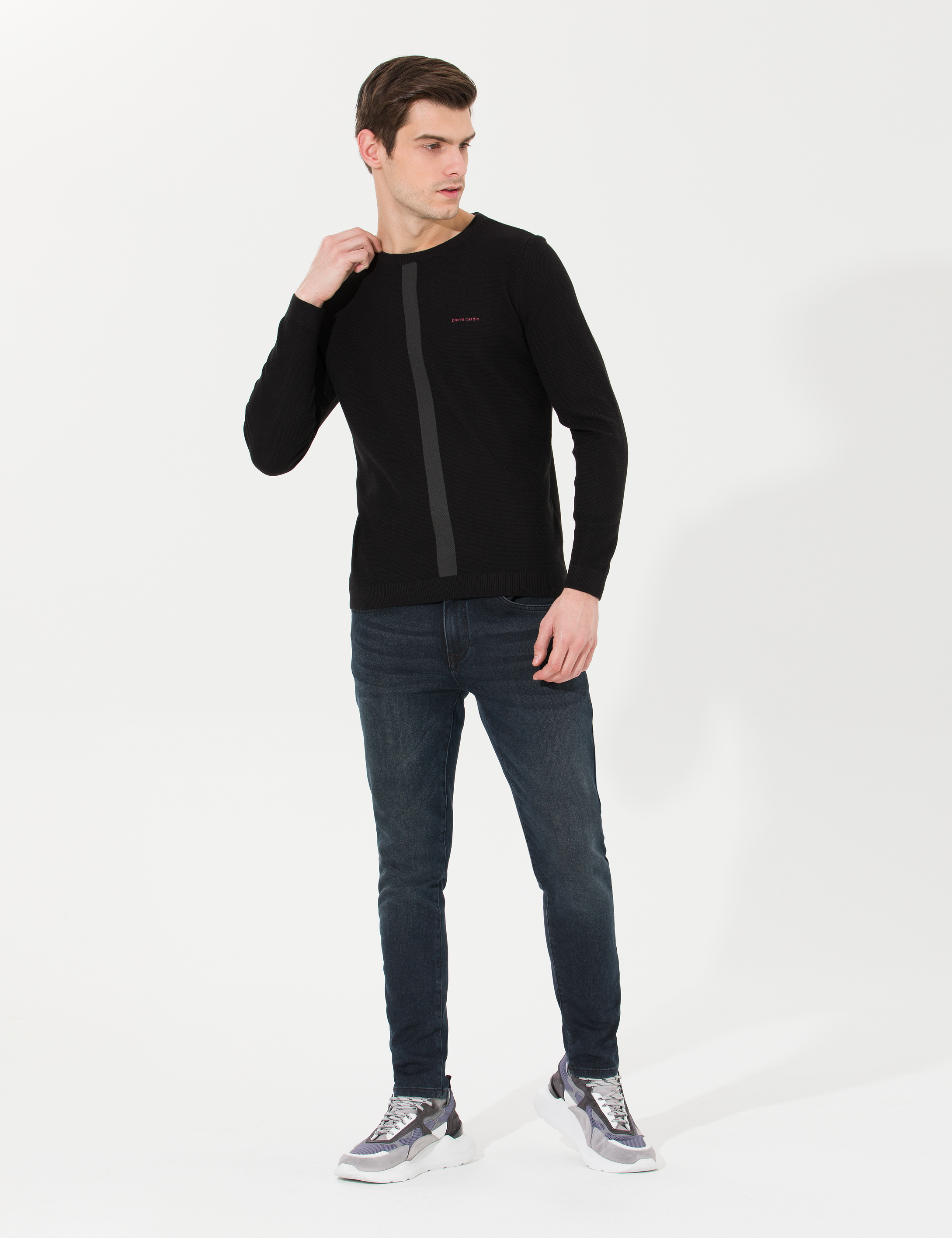 Siyah Slim Fit Bisiklet Yaka Triko Kazak - Image 3