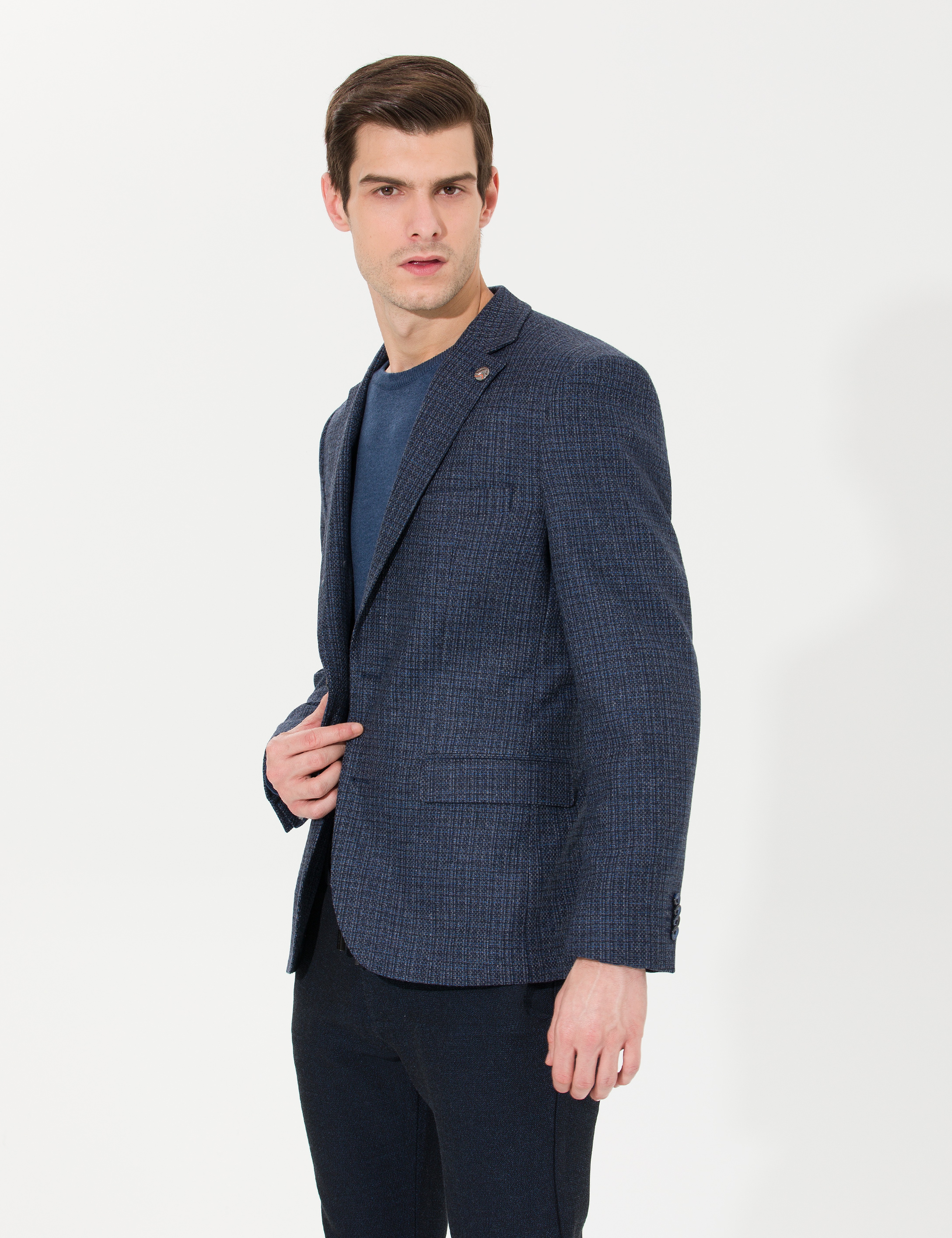 Lacivert Slim Fit Yün Karışımlı Ceket