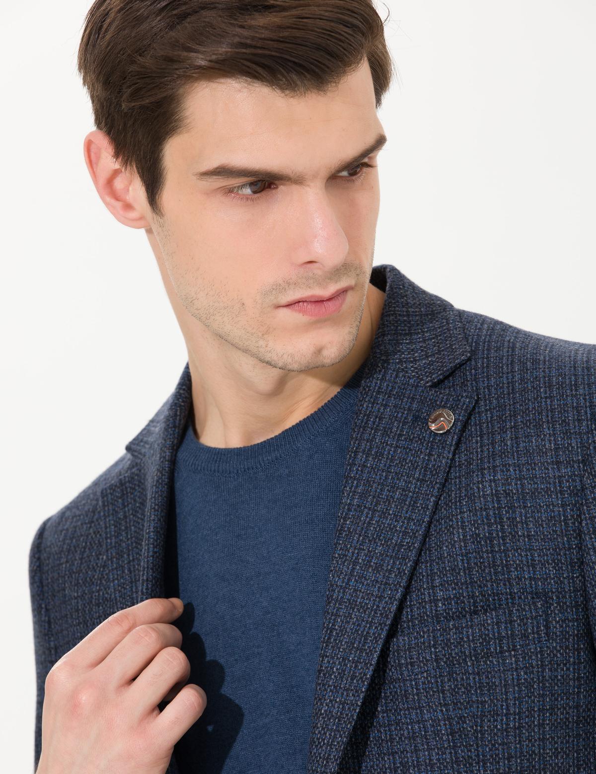 Lacivert Slim Fit Yün Karışımlı Ceket