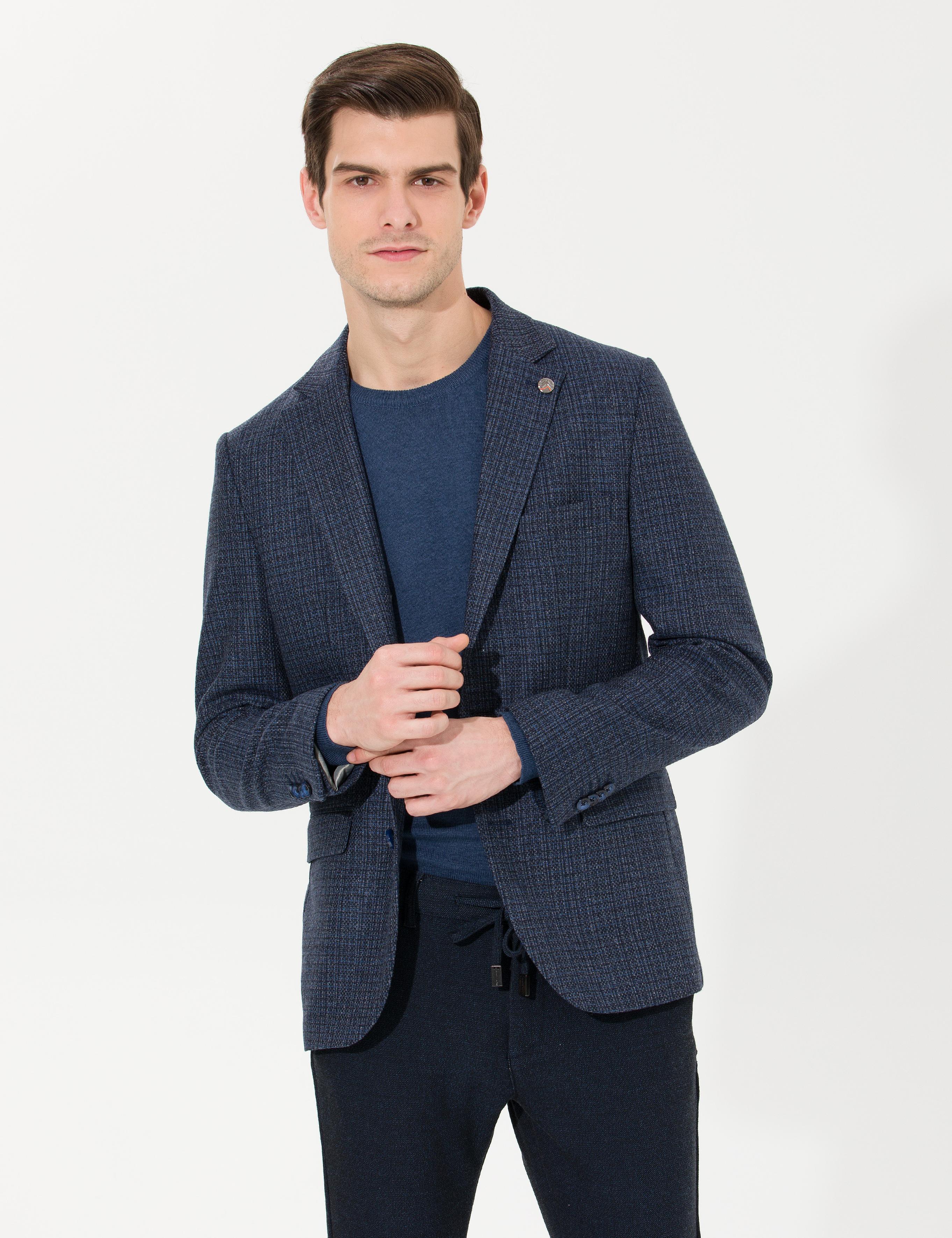 Lacivert Slim Fit Yün Karışımlı Ceket