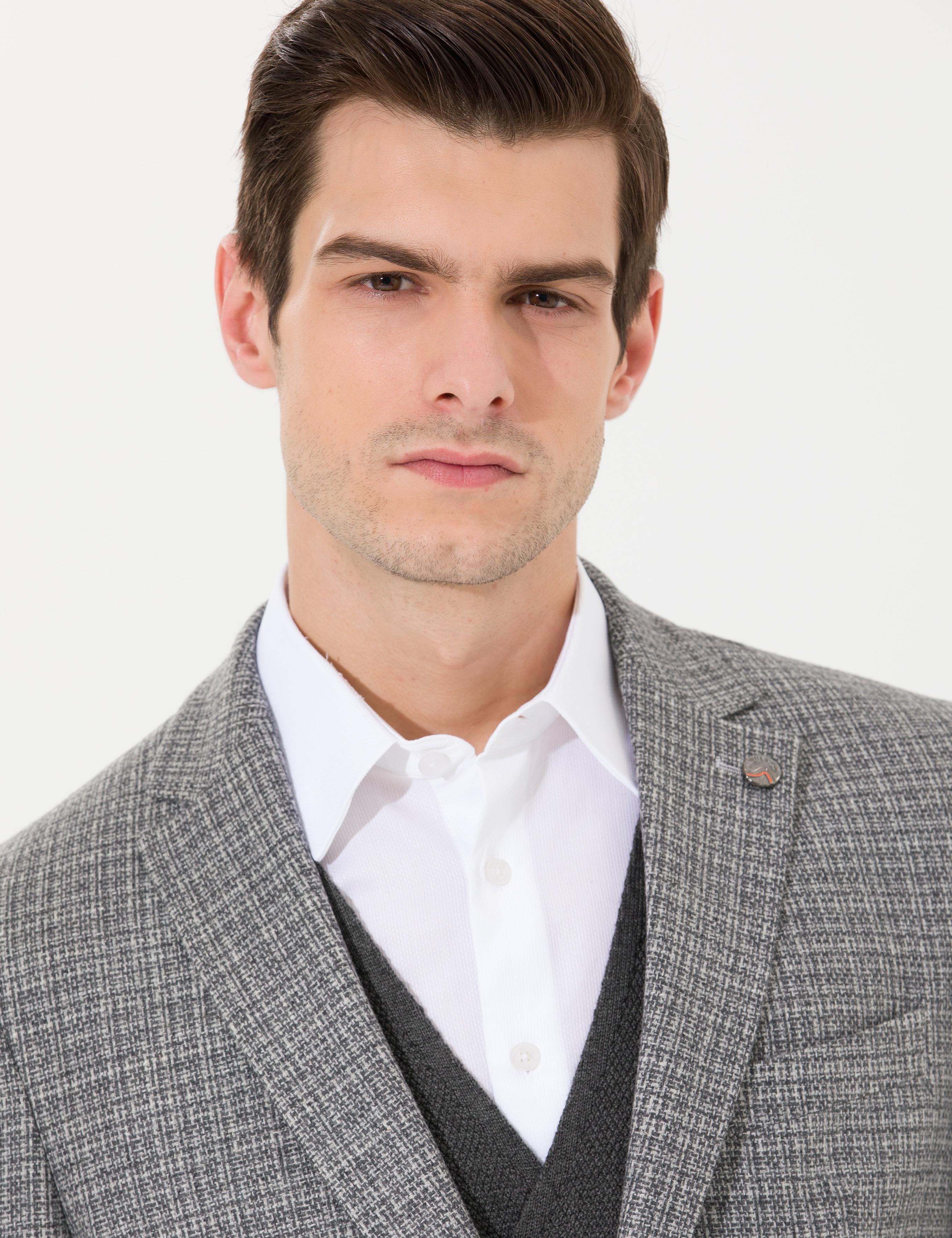 Gri Slim Fit Yün Karışımlı Ceket