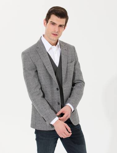 Gri Slim Fit Yün Karışımlı Ceket