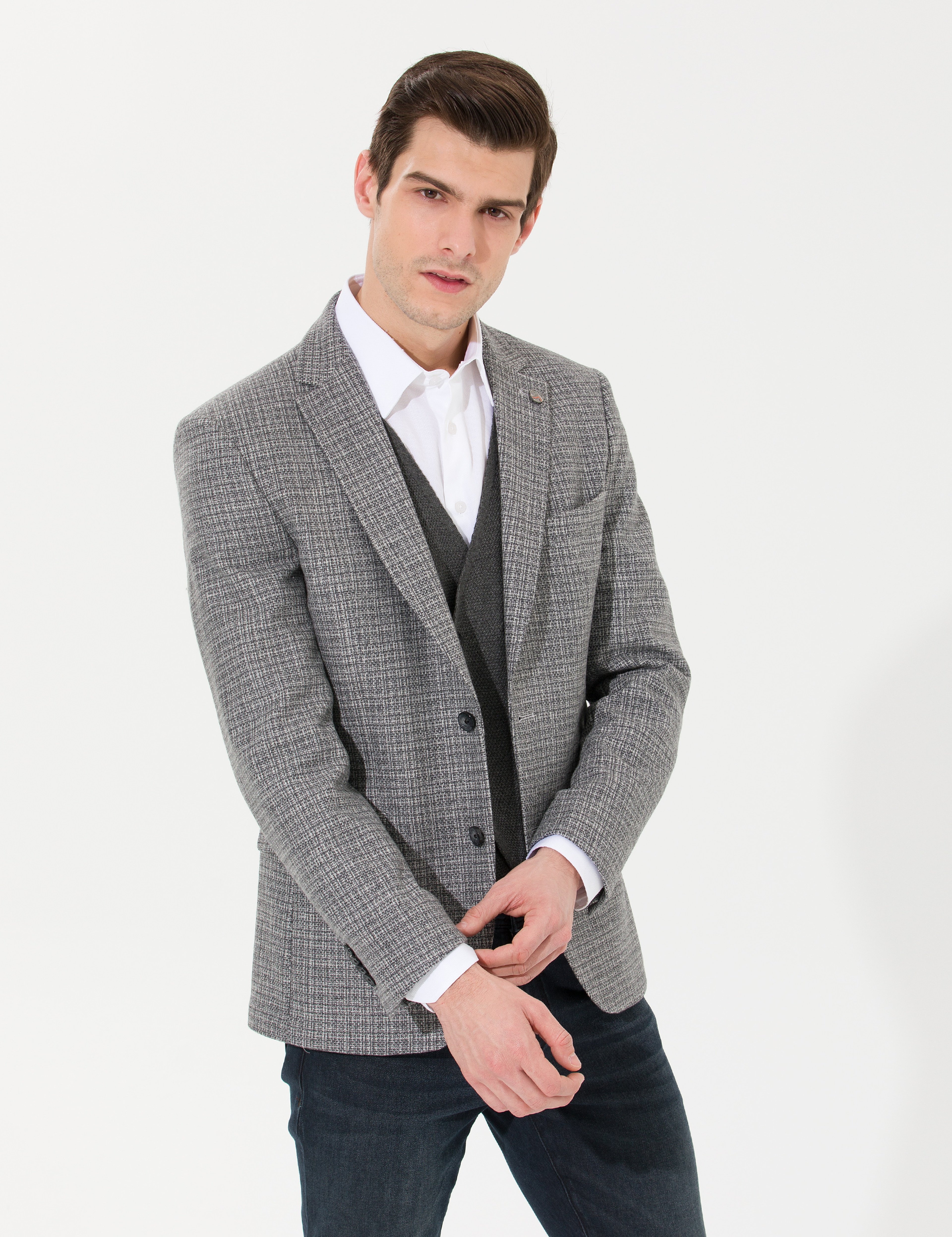 Gri Slim Fit Yün Karışımlı Ceket - Image 3