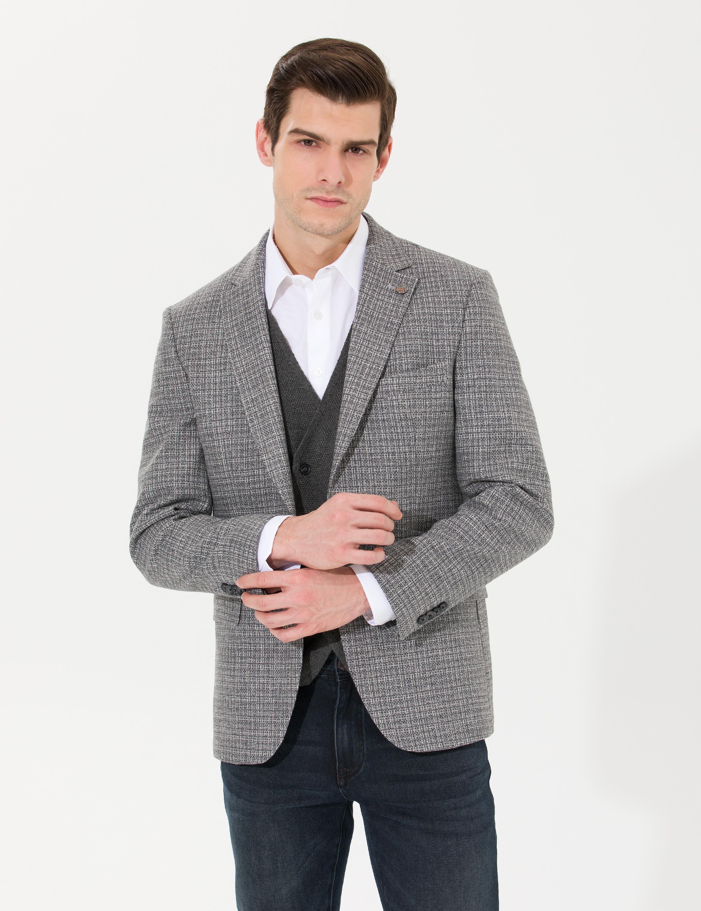 Gri Slim Fit Yün Karışımlı Ceket