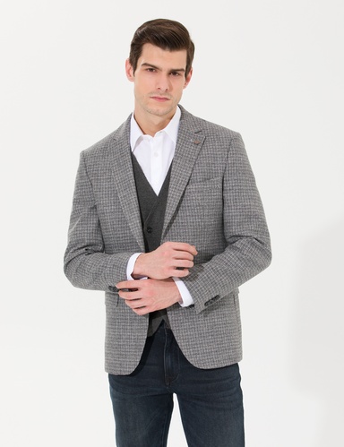 Gri Slim Fit Yün Karışımlı Ceket