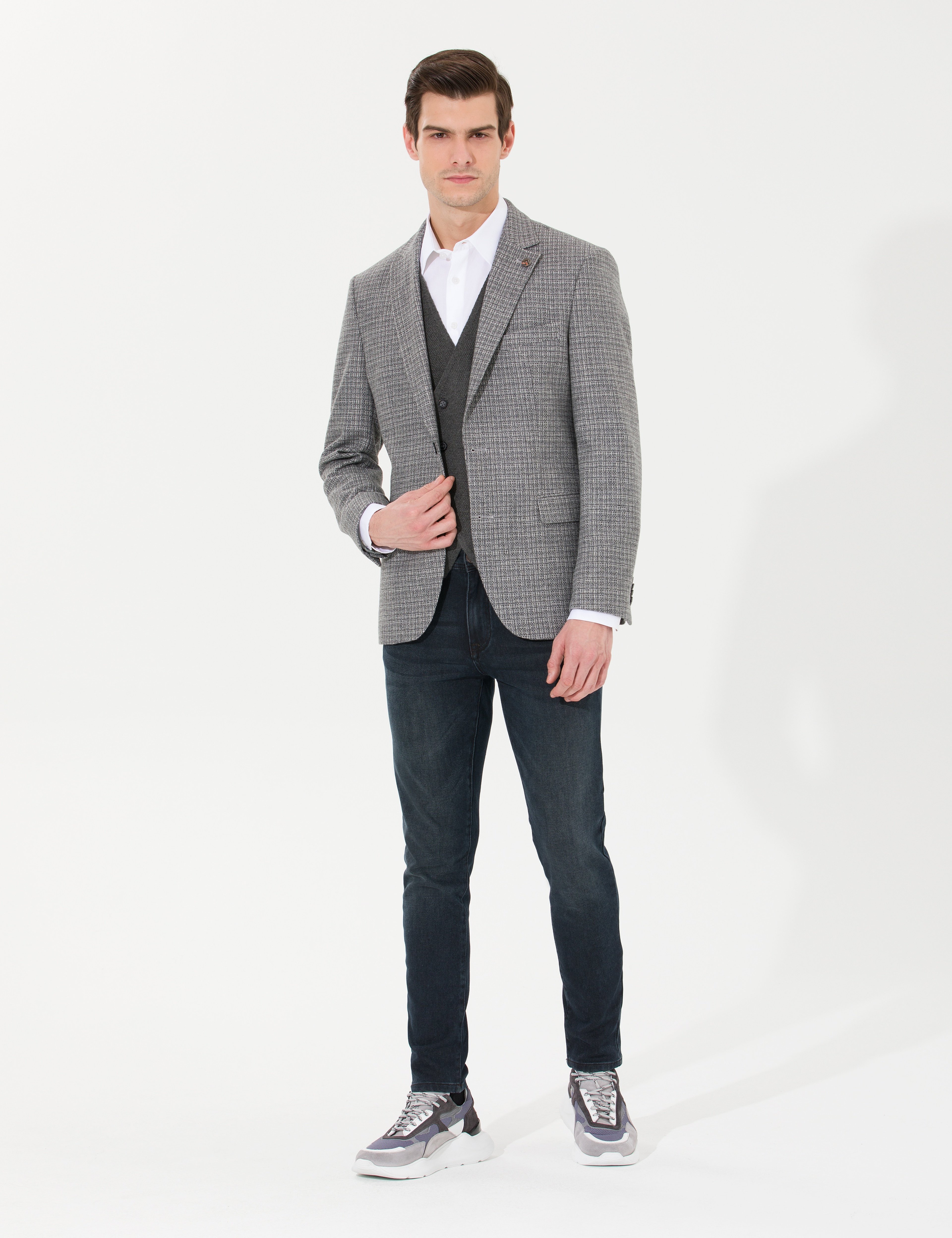Gri Slim Fit Yün Karışımlı Ceket