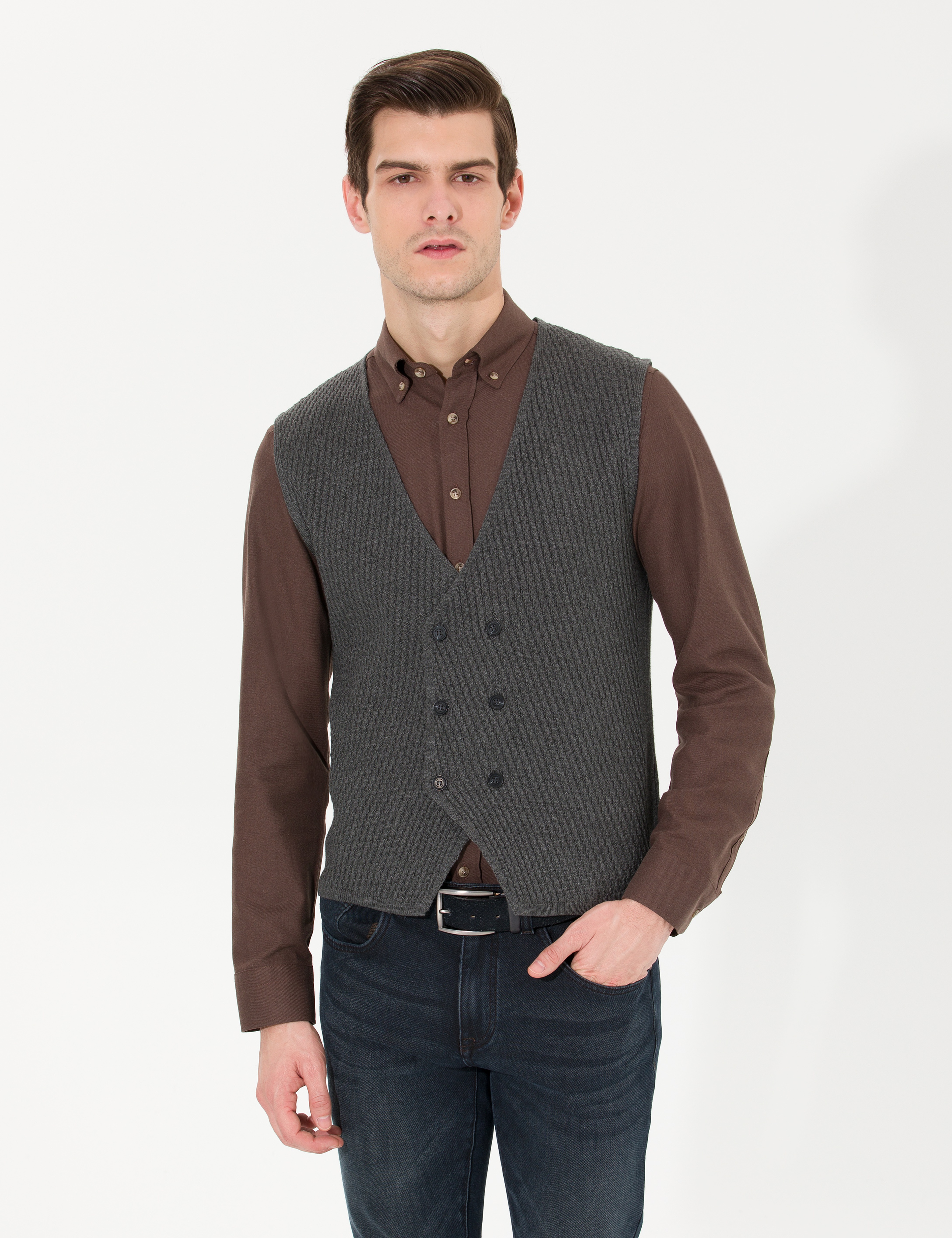 Gri Melanj Slim Fit V Yaka Triko Yelek - Image 2
