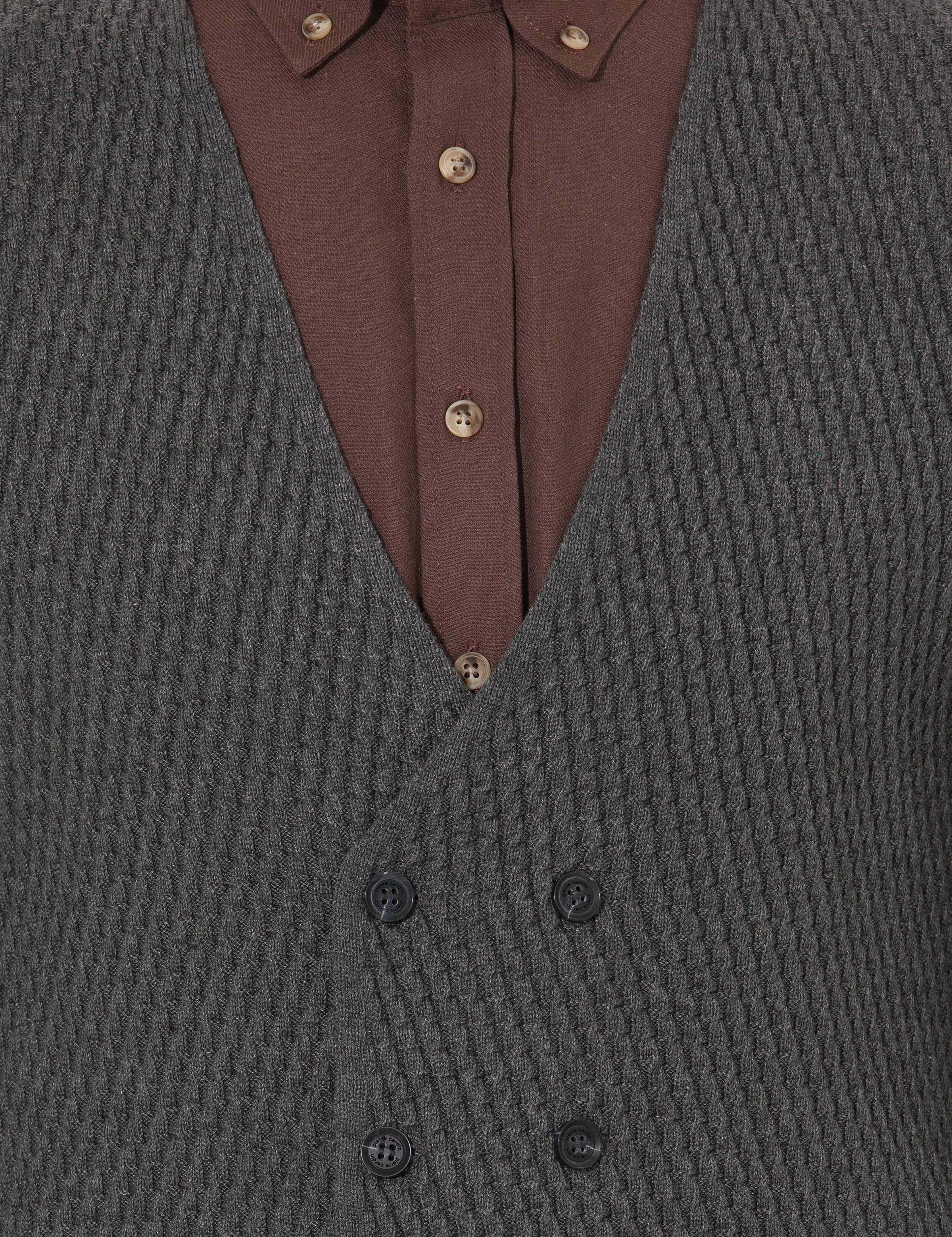 Gri Melanj Slim Fit V Yaka Triko Yelek - Image 6