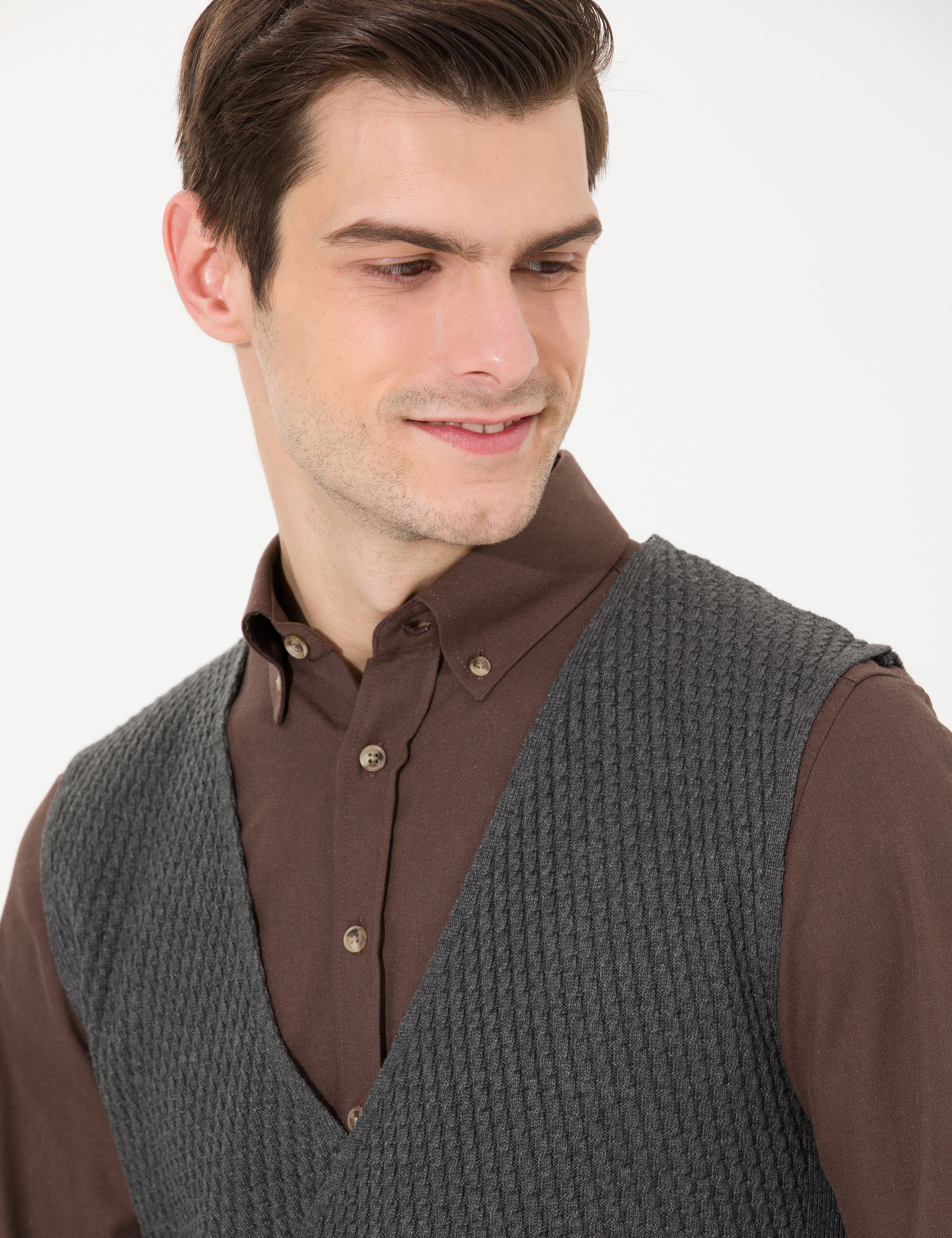 Gri Melanj Slim Fit V Yaka Triko Yelek - Image 1