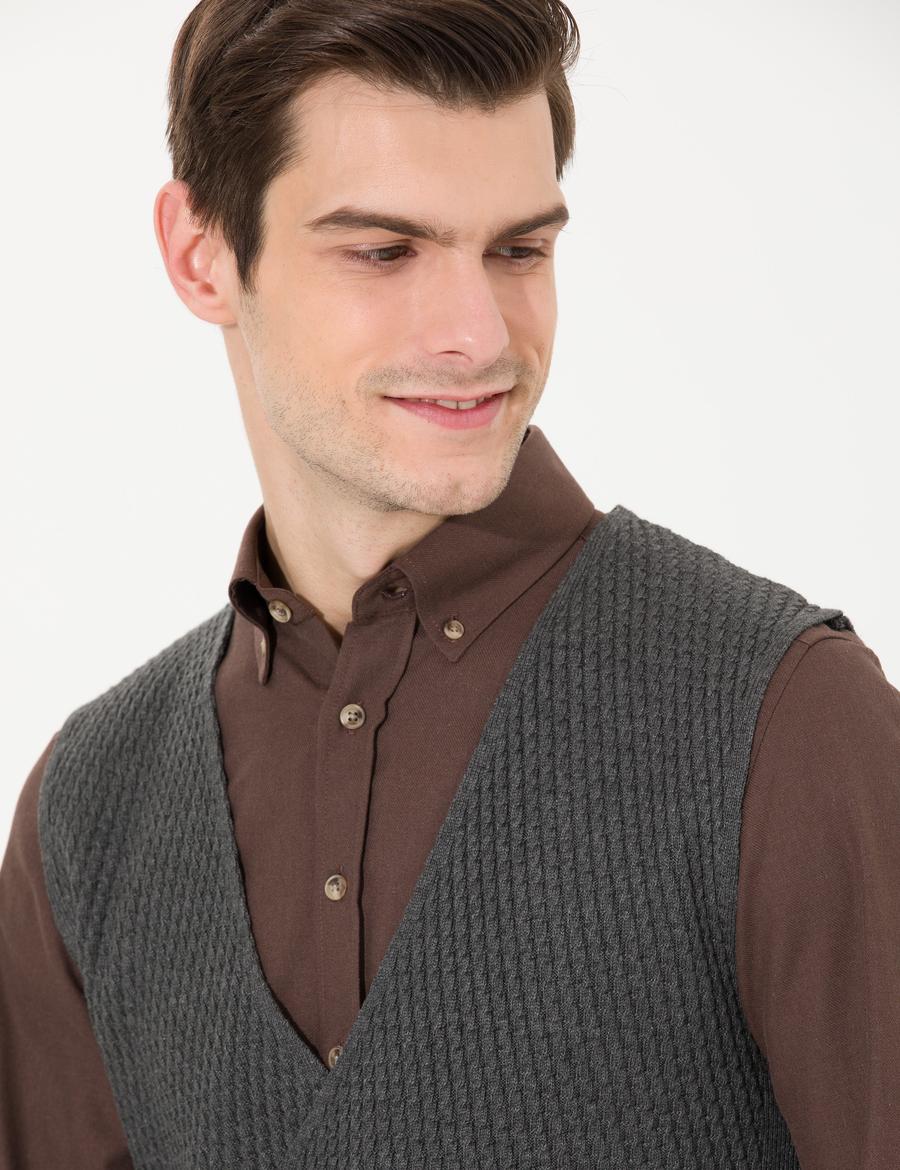 Gri Melanj Slim Fit Triko Yelek