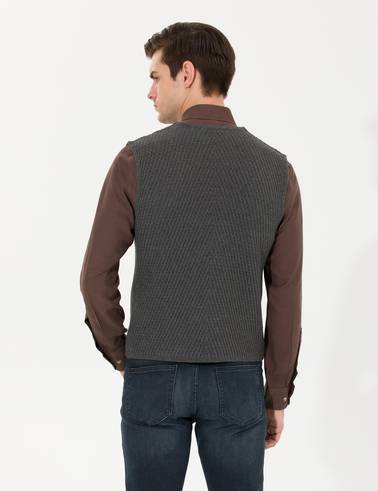 Gri Melanj Slim Fit Triko Yelek