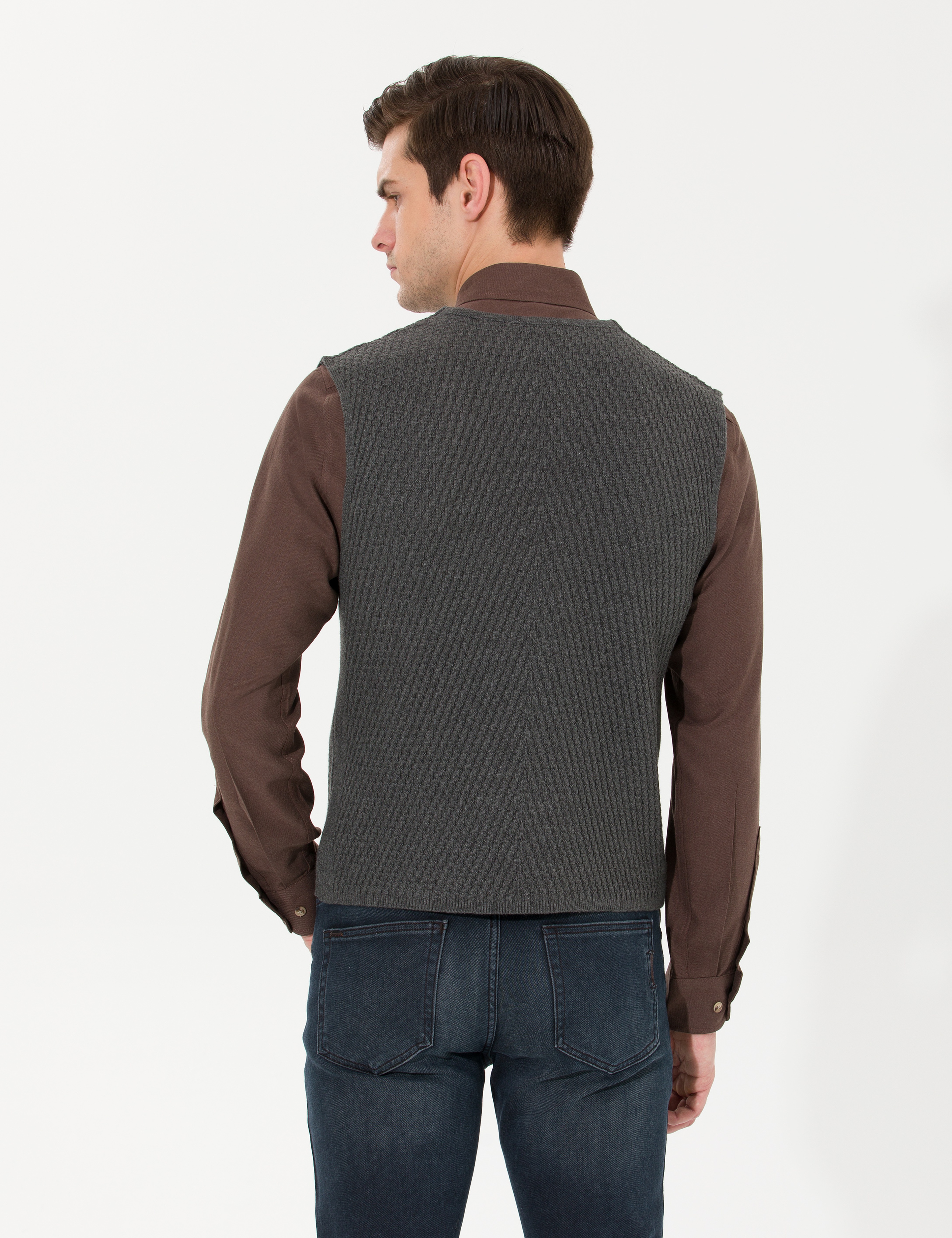 Gri Melanj Slim Fit V Yaka Triko Yelek