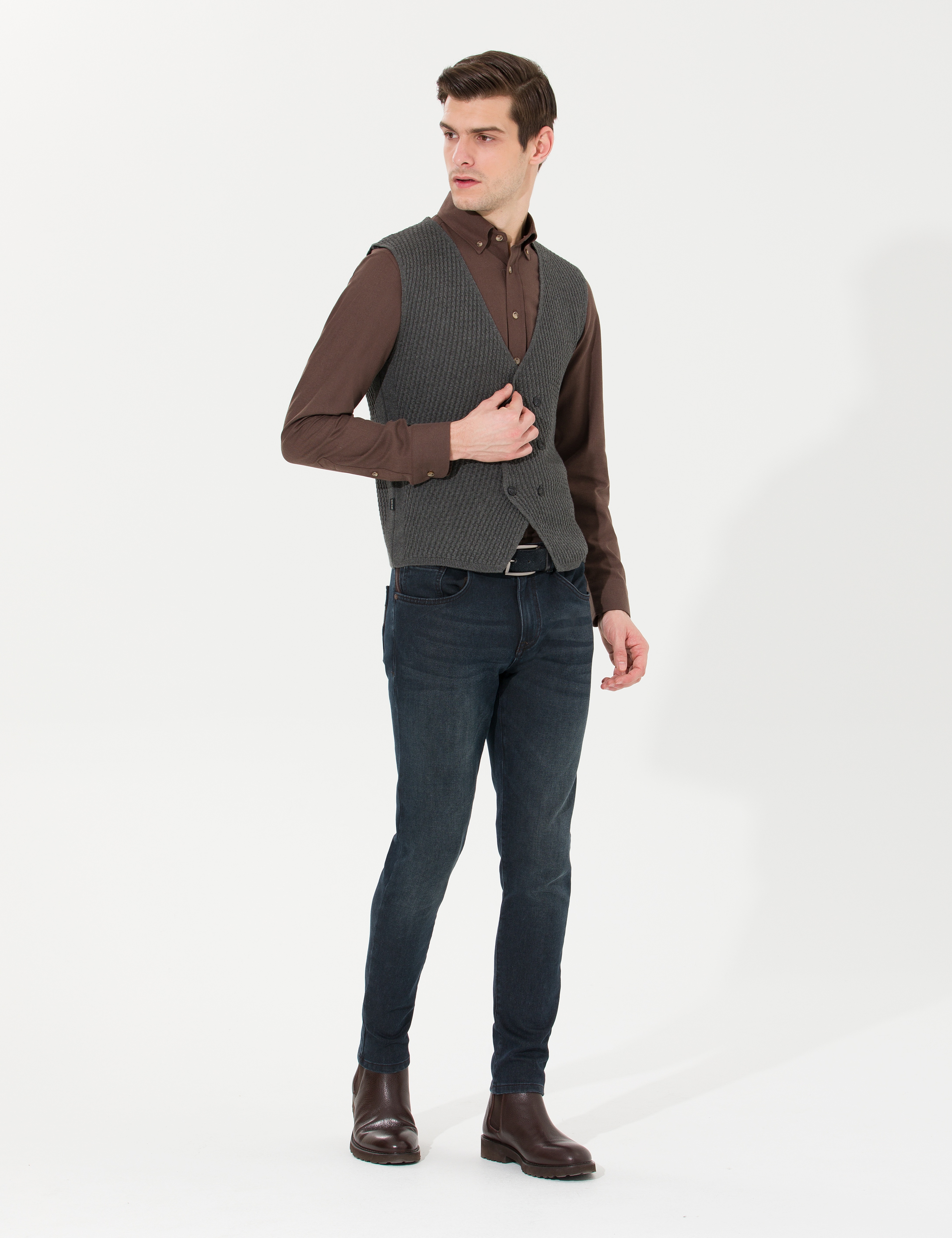 Gri Melanj Slim Fit V Yaka Triko Yelek