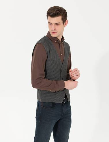 Gri Melanj Slim Fit Triko Yelek